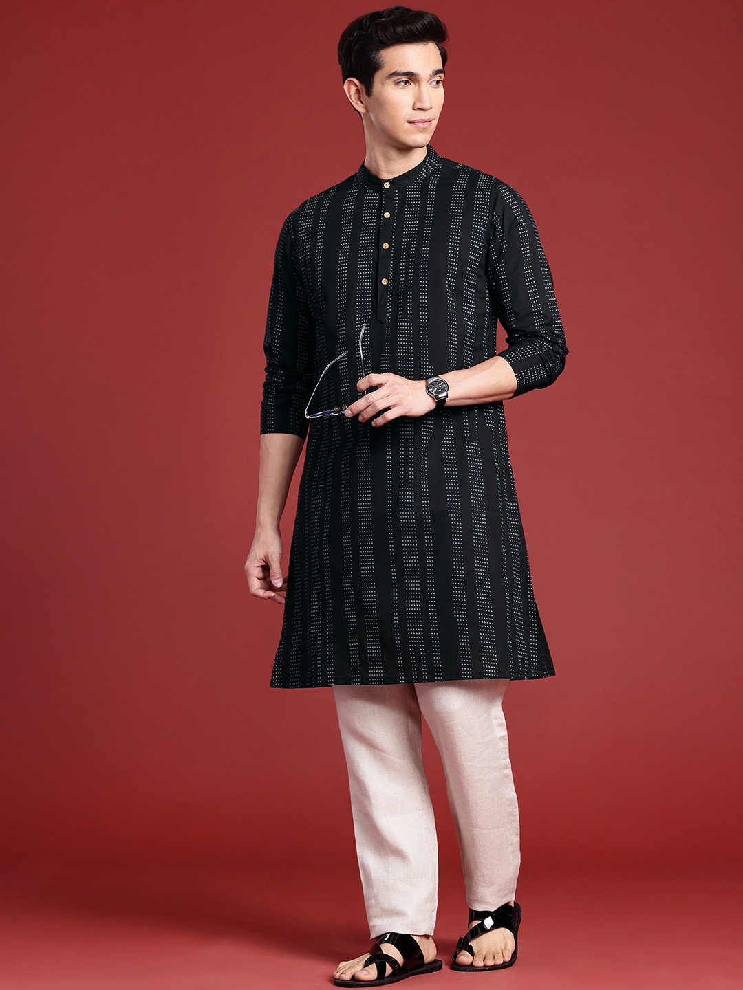 

Anouk Men Polka Dot Printed Pure Cotton Kurta, Black