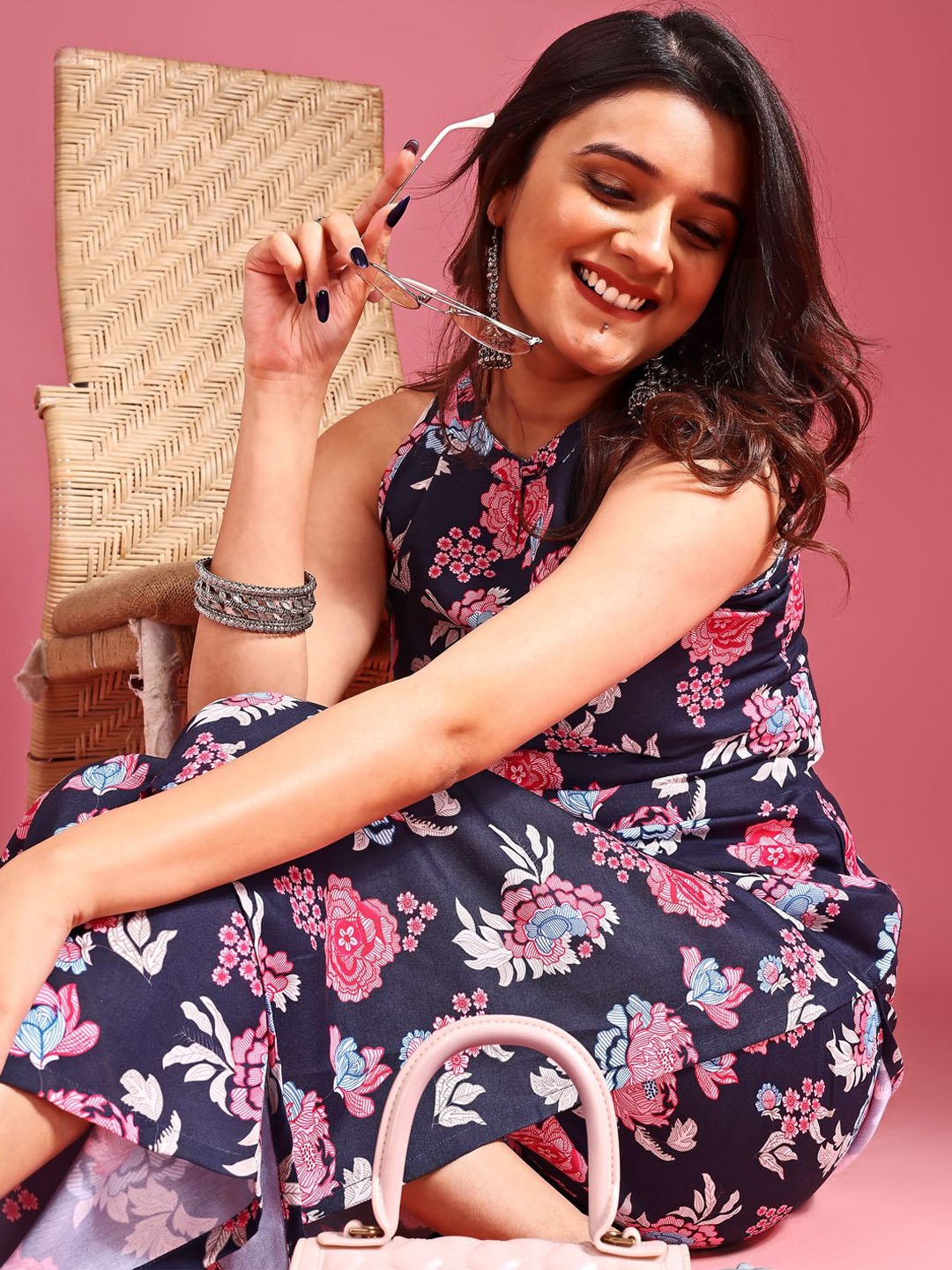 

KALINI Floral Printed Sleeveless Tunic With Trousers, Navy blue