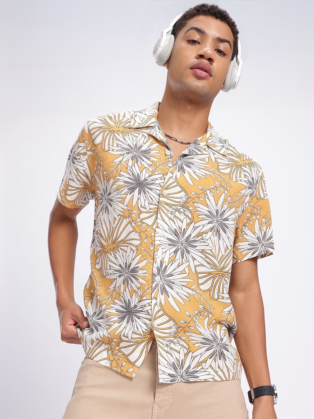 

glitchez Bloom Drip Floral Print Bowling Shirt, Mustard