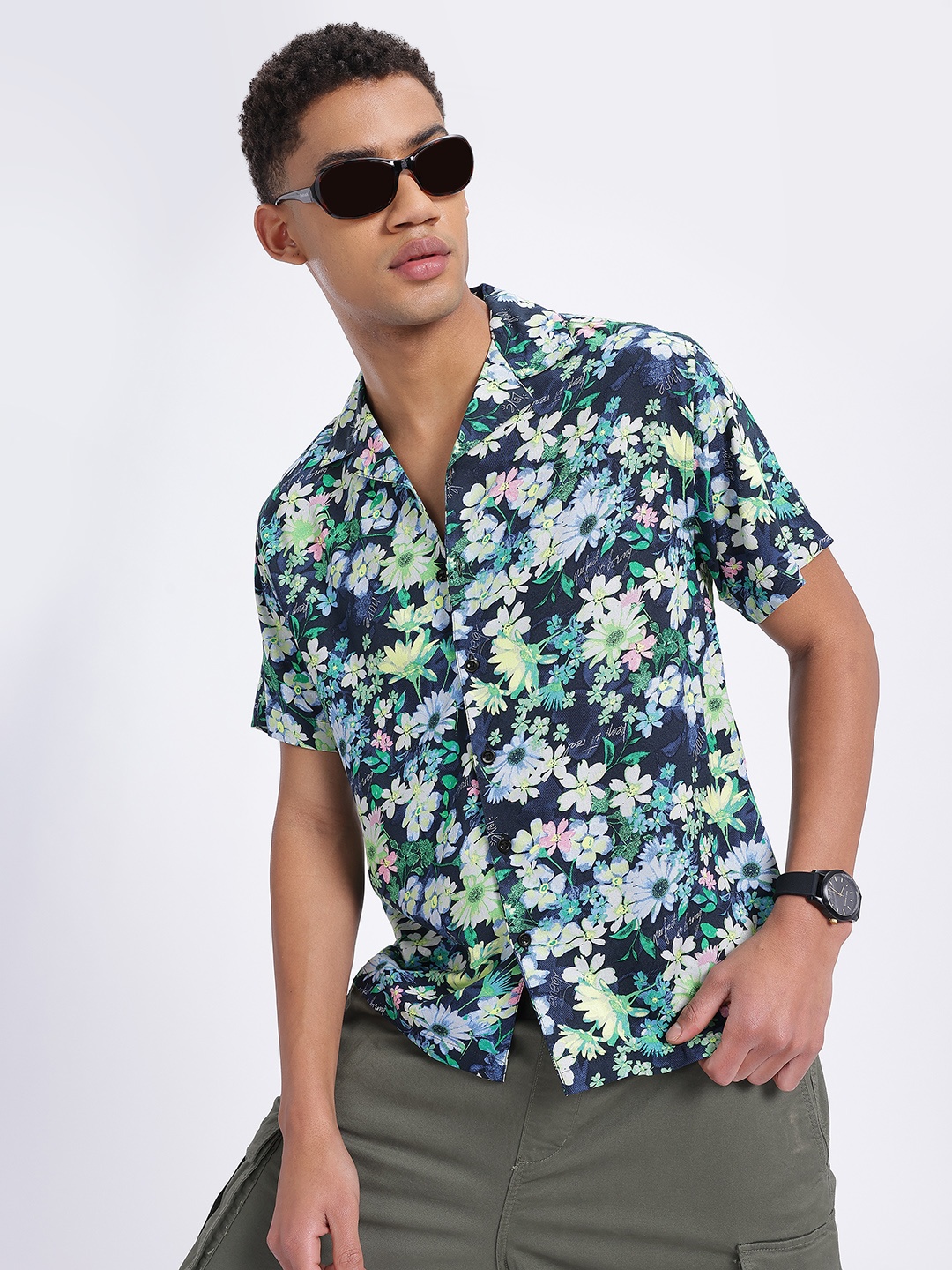

glitchez Vibrancy In Florals Cuban Collar Relaxed Fit Shirt, Blue