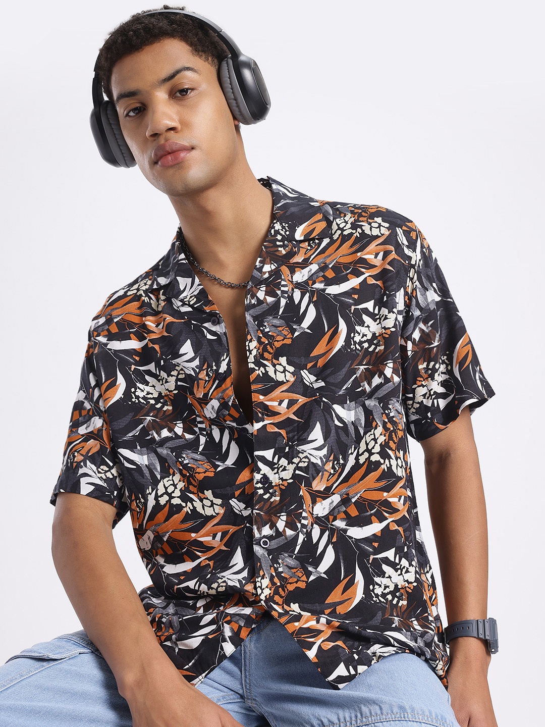 

glitchez Tropical Aesthetics Cuban Collar Relaxed Fit Casual Shirt, Black