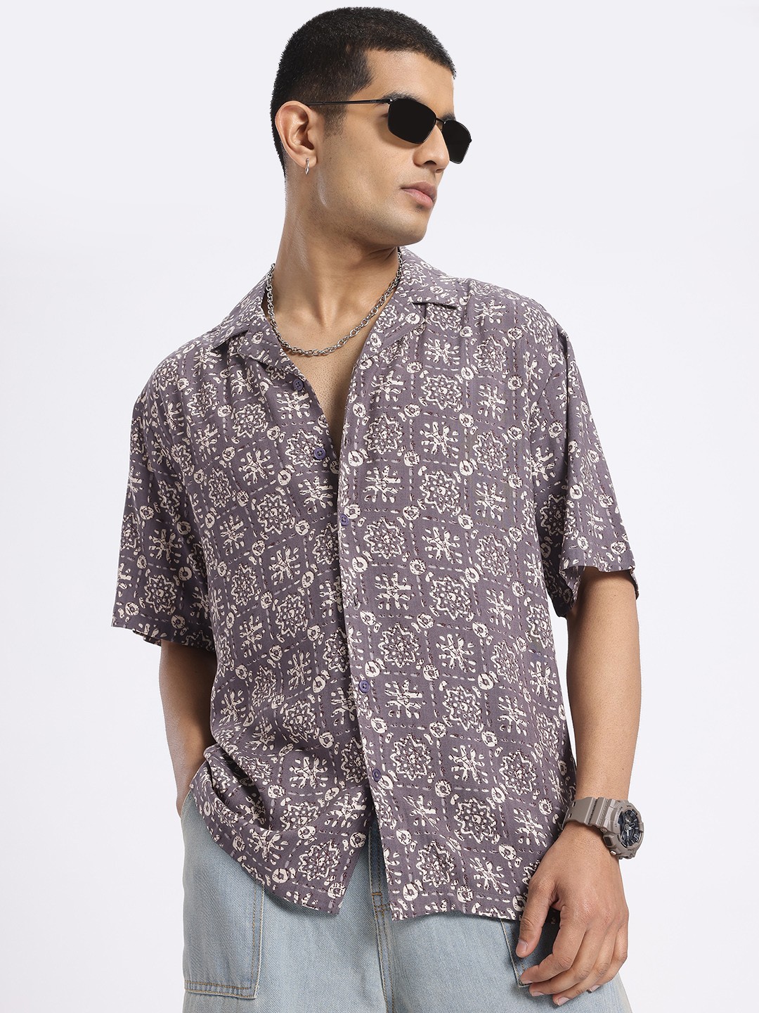 

glitchez Ethnic Aesthetics Cuban Collar Relaxed Fit Casual Shirt, Grey