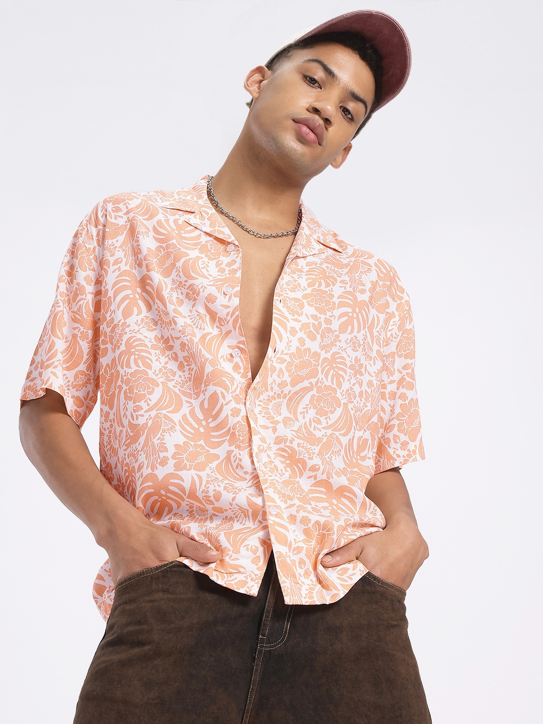 

glitchez Floral Charm Relaxed Bowling Shirt, Peach