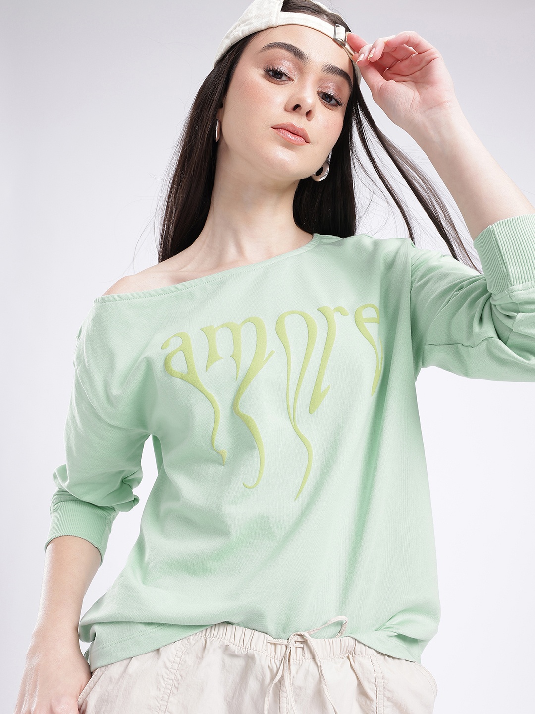 

glitchez Modern Cool Typography Printed Cotton Terry Slant Shoulder Relaxed Fit Sweatshirt, Green