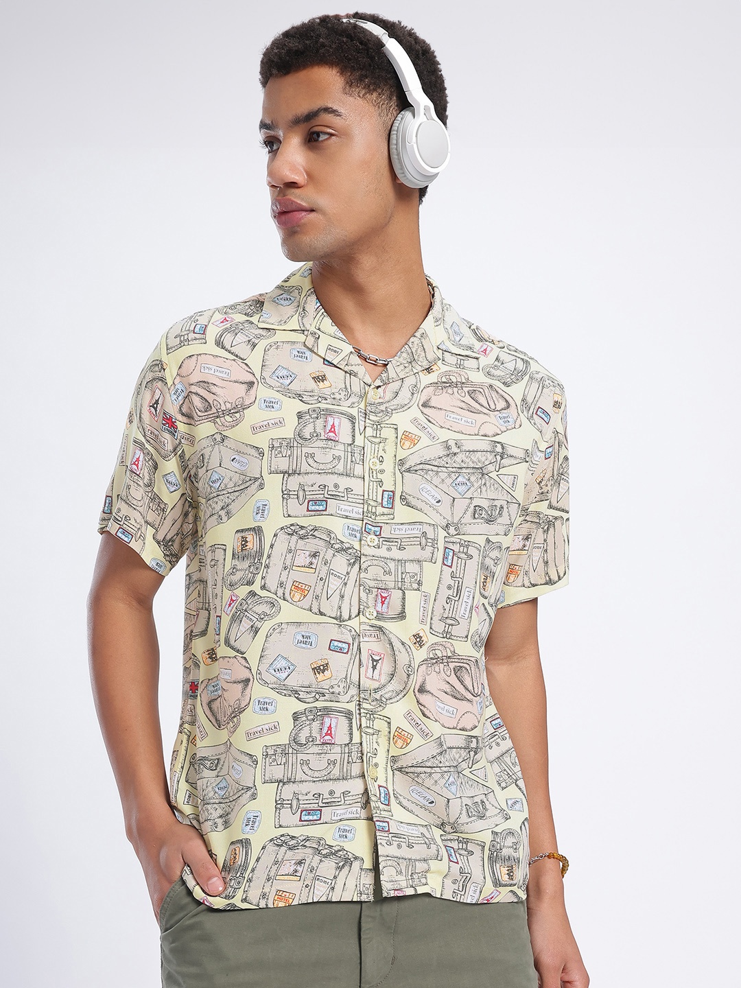 

glitchez Conversation Starter Printed Relaxed Shirt, Beige