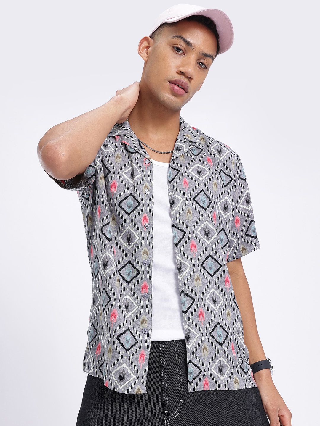 

glitchez Geometric Print Relaxed Shirt, Grey