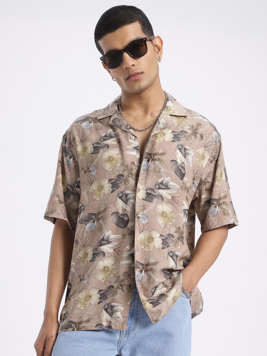 

glitchez Floral Frenzy Relaxed Bowling Shirt, Beige