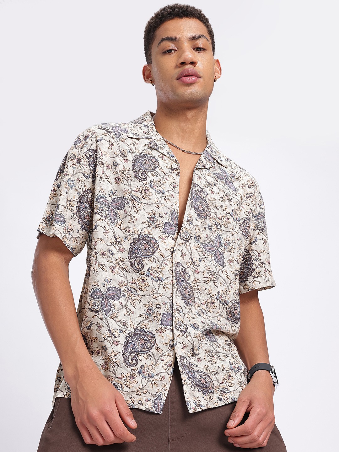 

glitchez Bold Print Paisley Florals Relaxed Bowling Shirt, Beige