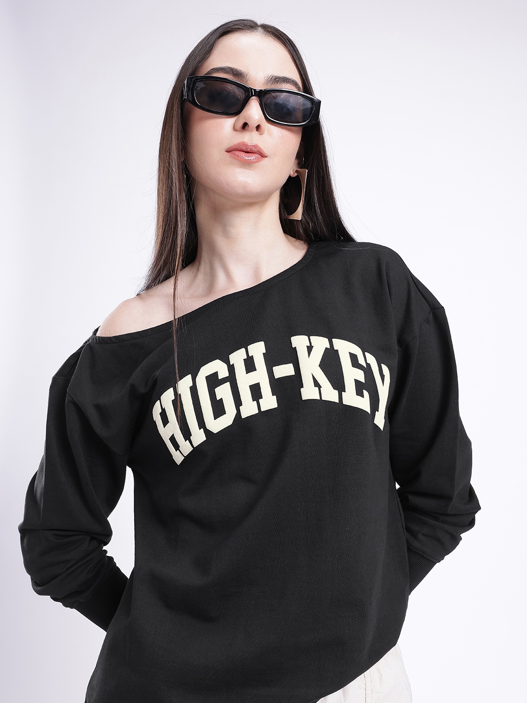 

glitchez Classic Vibe Typography Print Cotton Terry Slant Shoulder Relaxed Fit Sweatshirt, Black