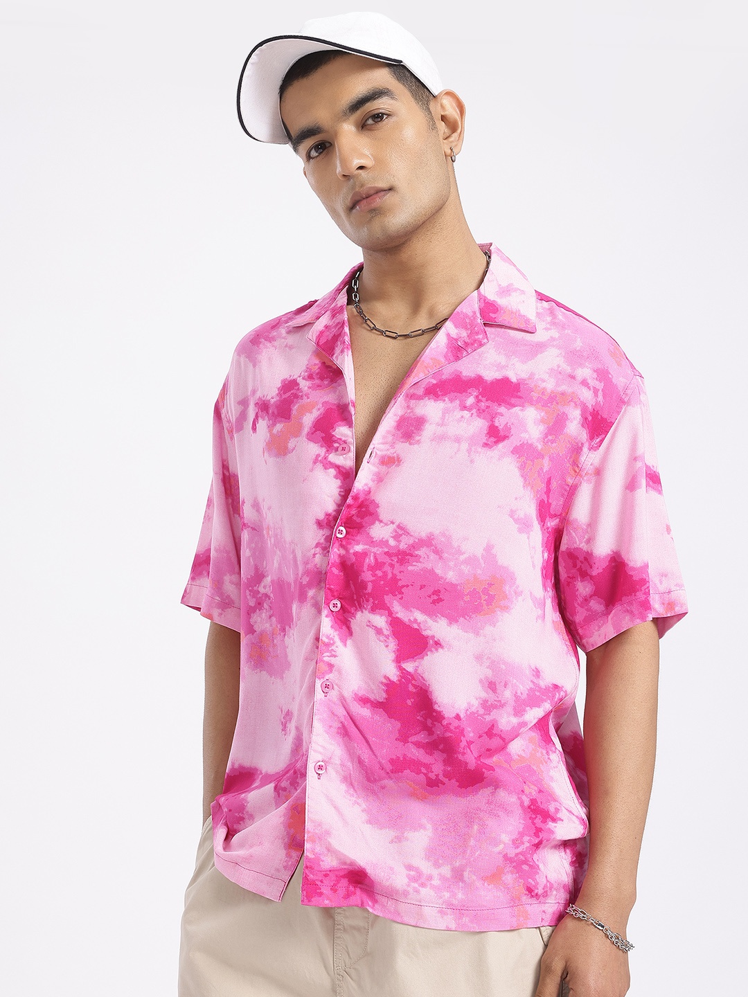 

glitchez Psychedelic Fits Tie & Dye Relaxed Bowling Shirt, Pink