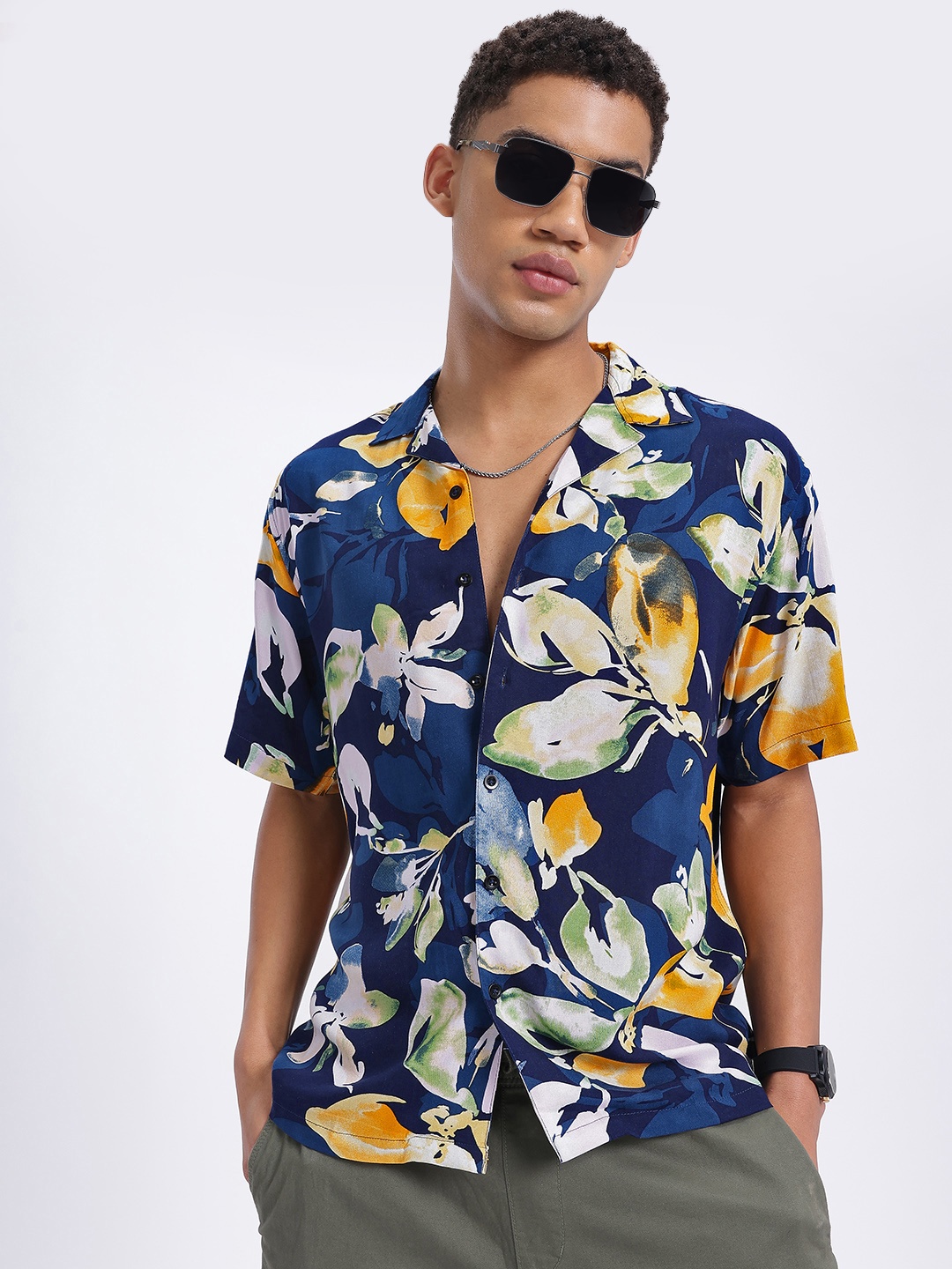 

glitchez Floral Fantasy Printed Relaxed Shirt, Navy blue