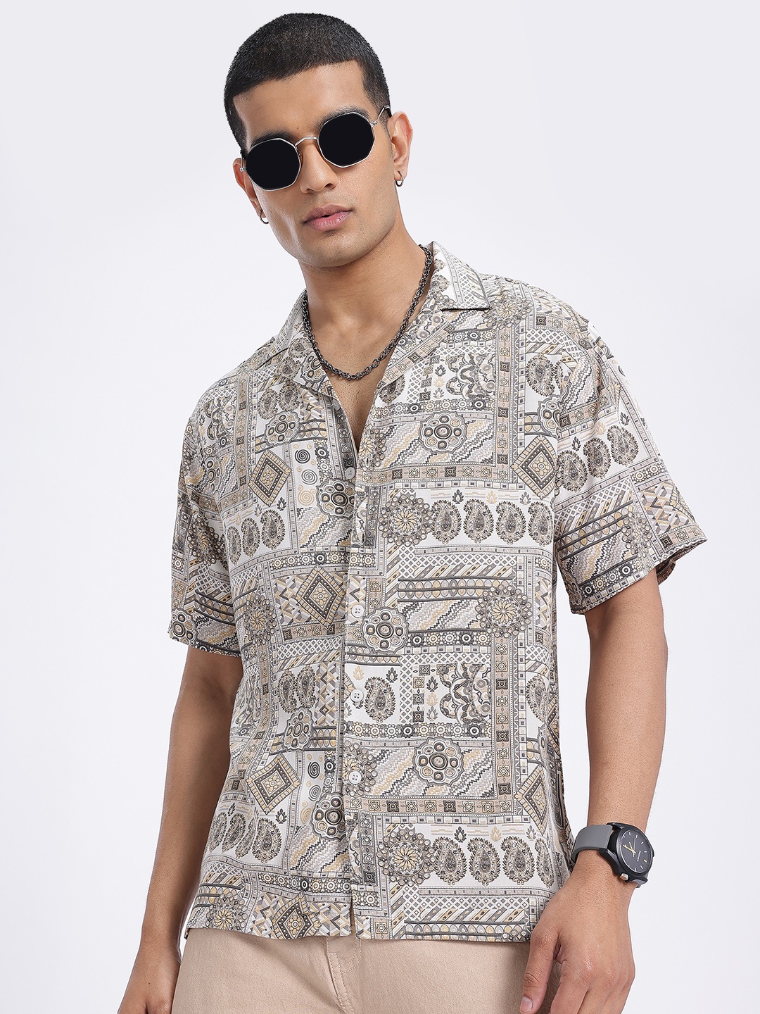 

glitchez Paisley Print Relaxed Shirt, Beige