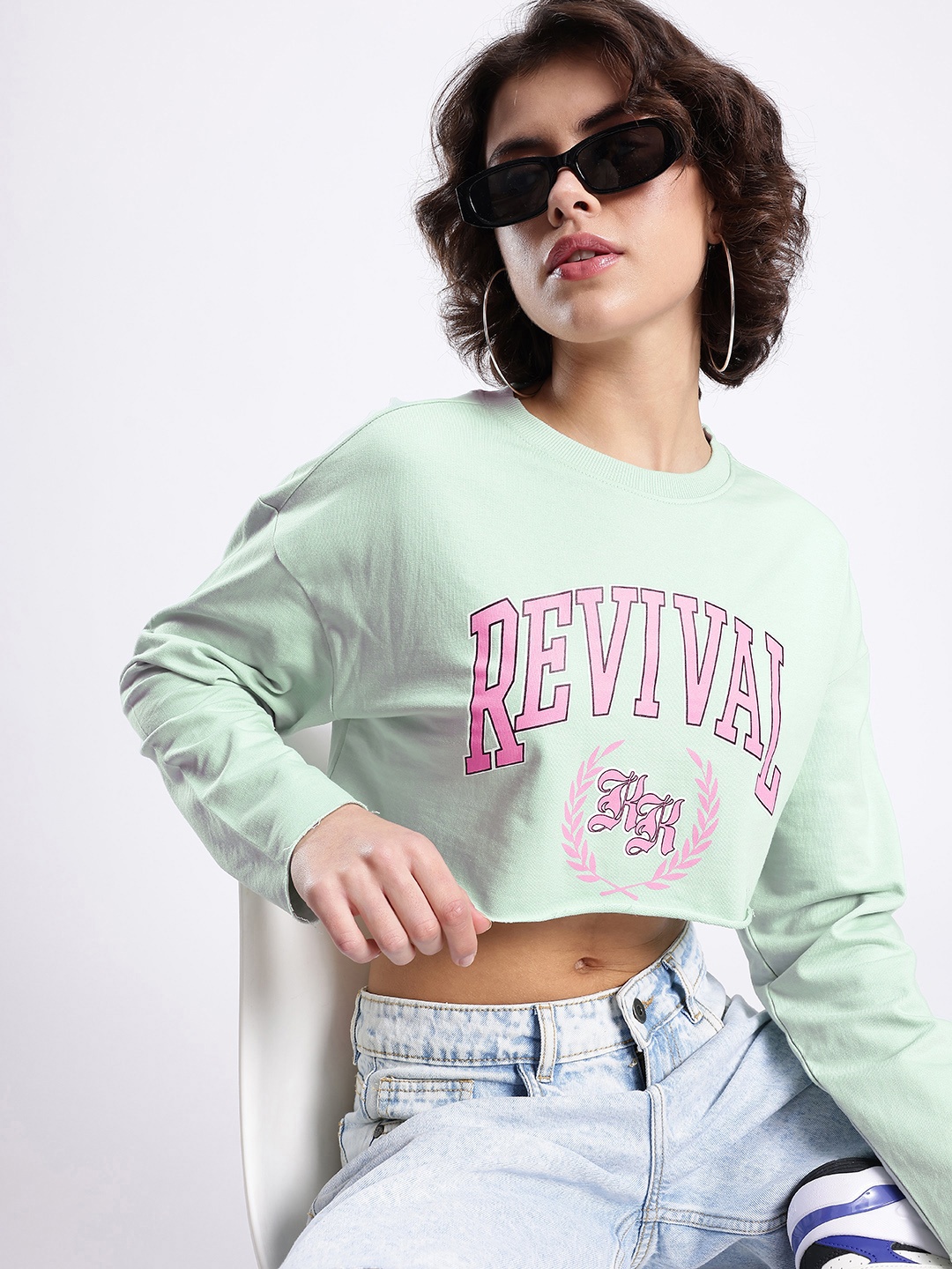 

glitchez Subculture Swag Printed Cotton Terry Cropped Boxy Pullover Sweatshirt, Green