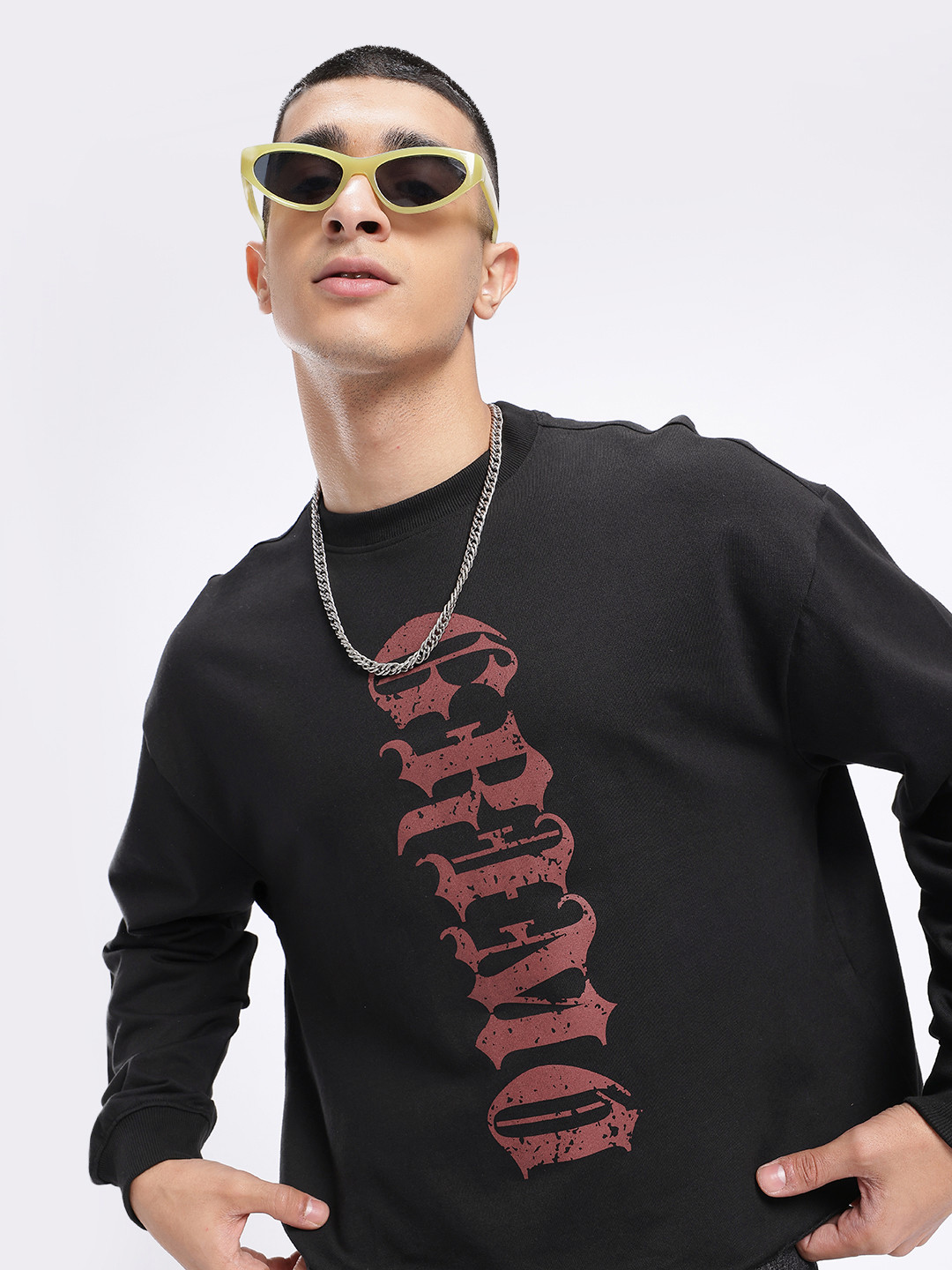 

glitchez Downtown Saavvy Printed Cotton Terry Relaxed Fit Sweatshirt, Black