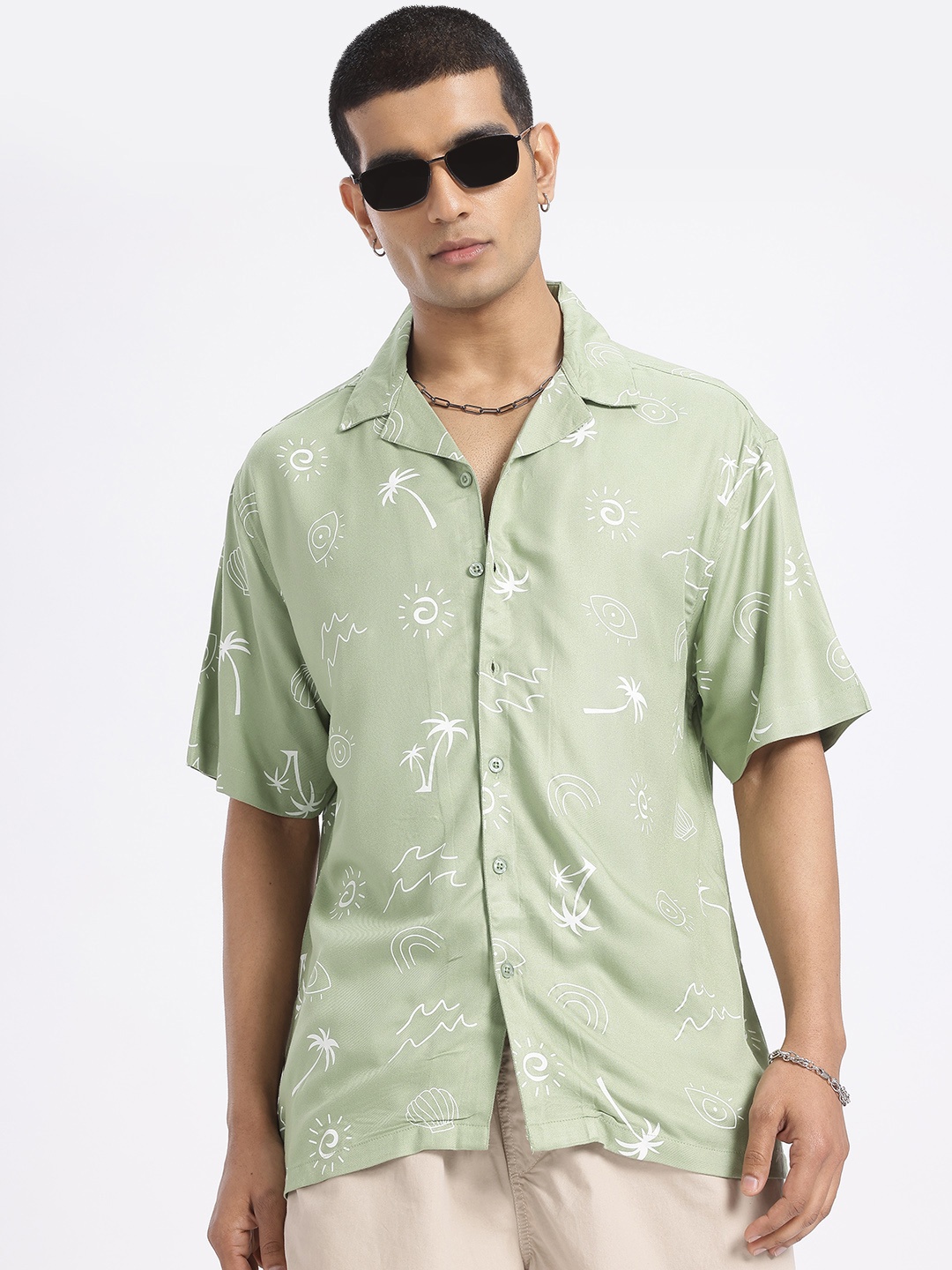 

glitchez Cool Breeze Statement Conversational Print Shirt, Green