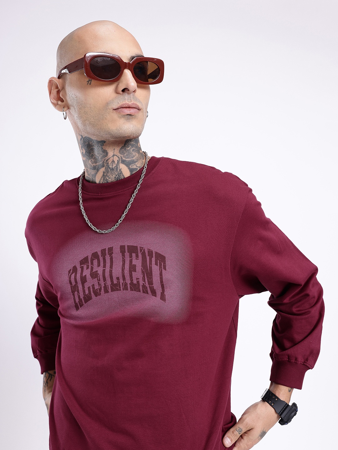 

glitchez Tough Style Printed Relaxed Cotton Terry Sweatshirt, Burgundy