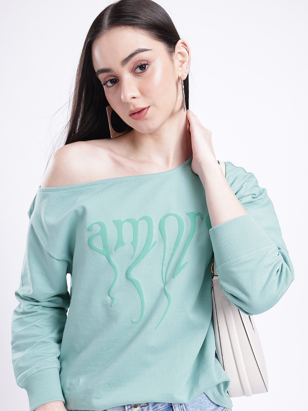 

glitchez City Cool Typography Printed Cotton Terry Slant Shoulder Relaxed Fit Sweatshirt, Green