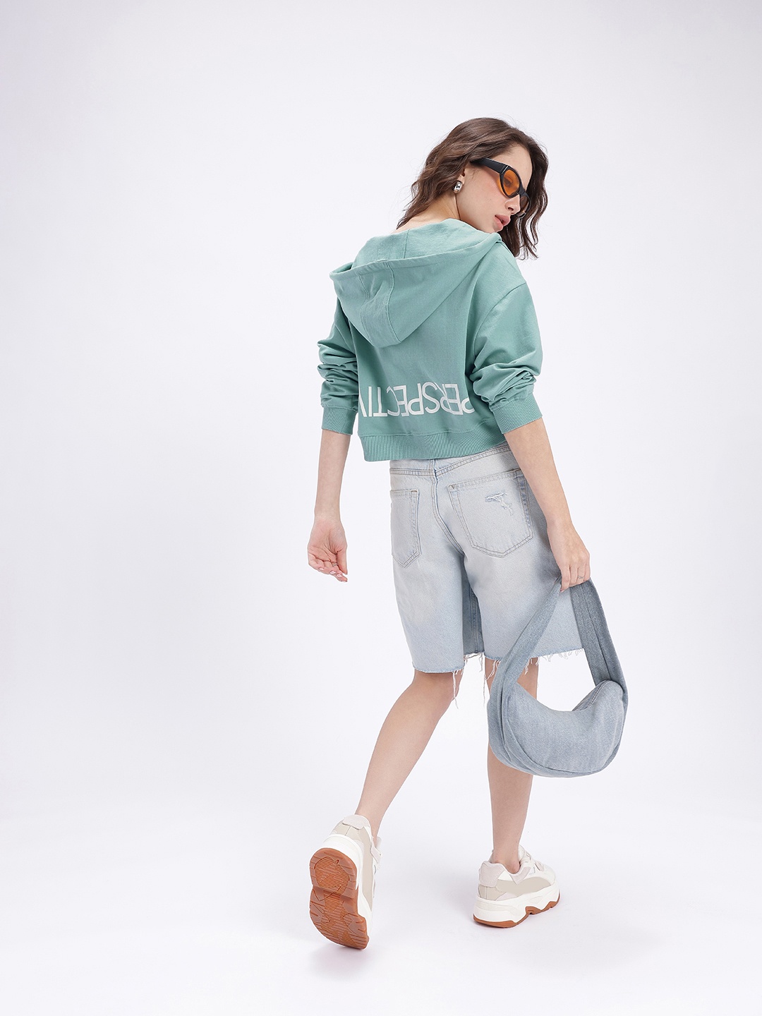 

glitchez Street Swagger Relaxed Hooded Cotton Terry Crop Sweatshirt, Blue