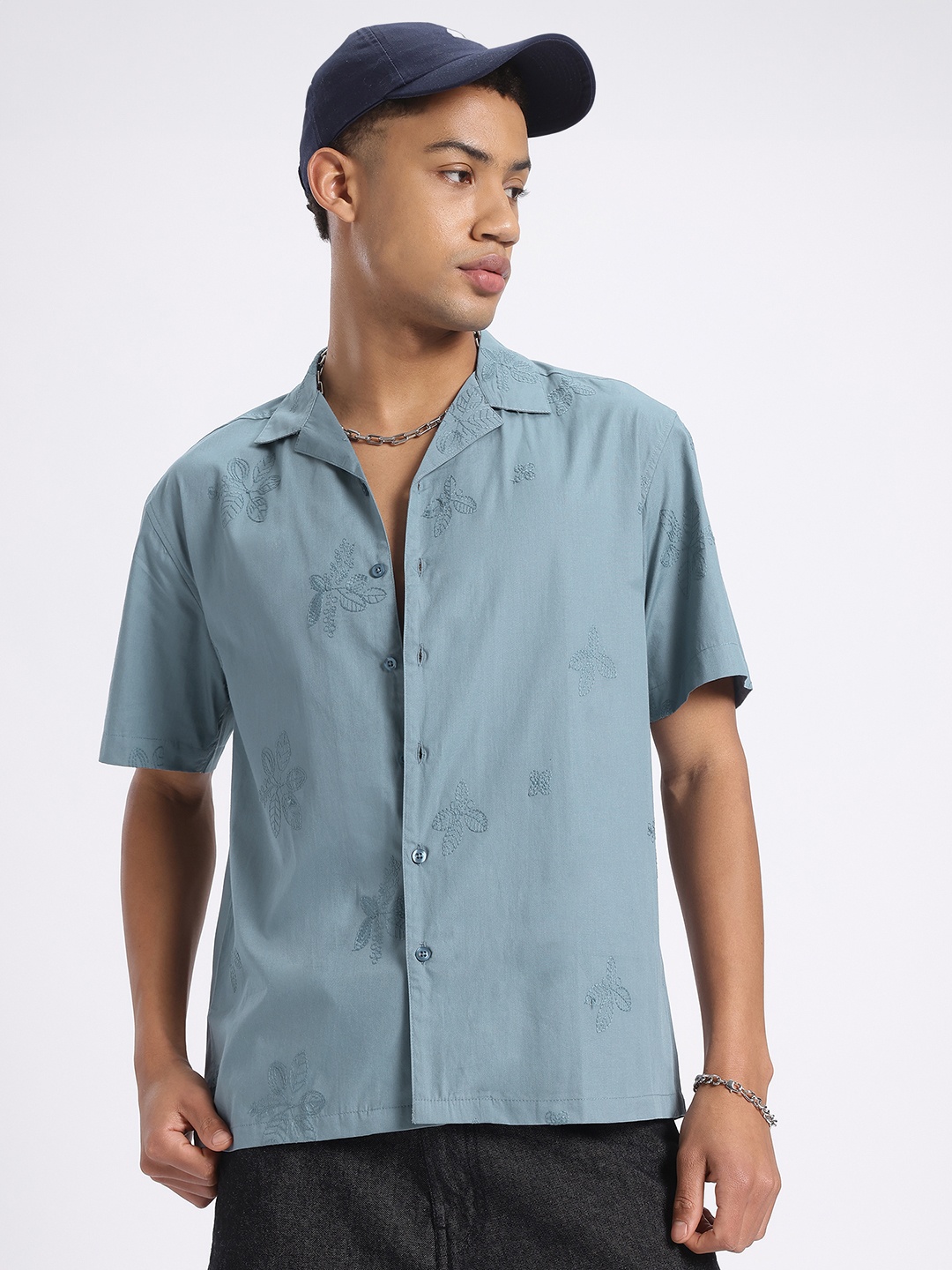 

glitchez Urban Bloom Embroidered Relaxed Fit Shirt, Grey