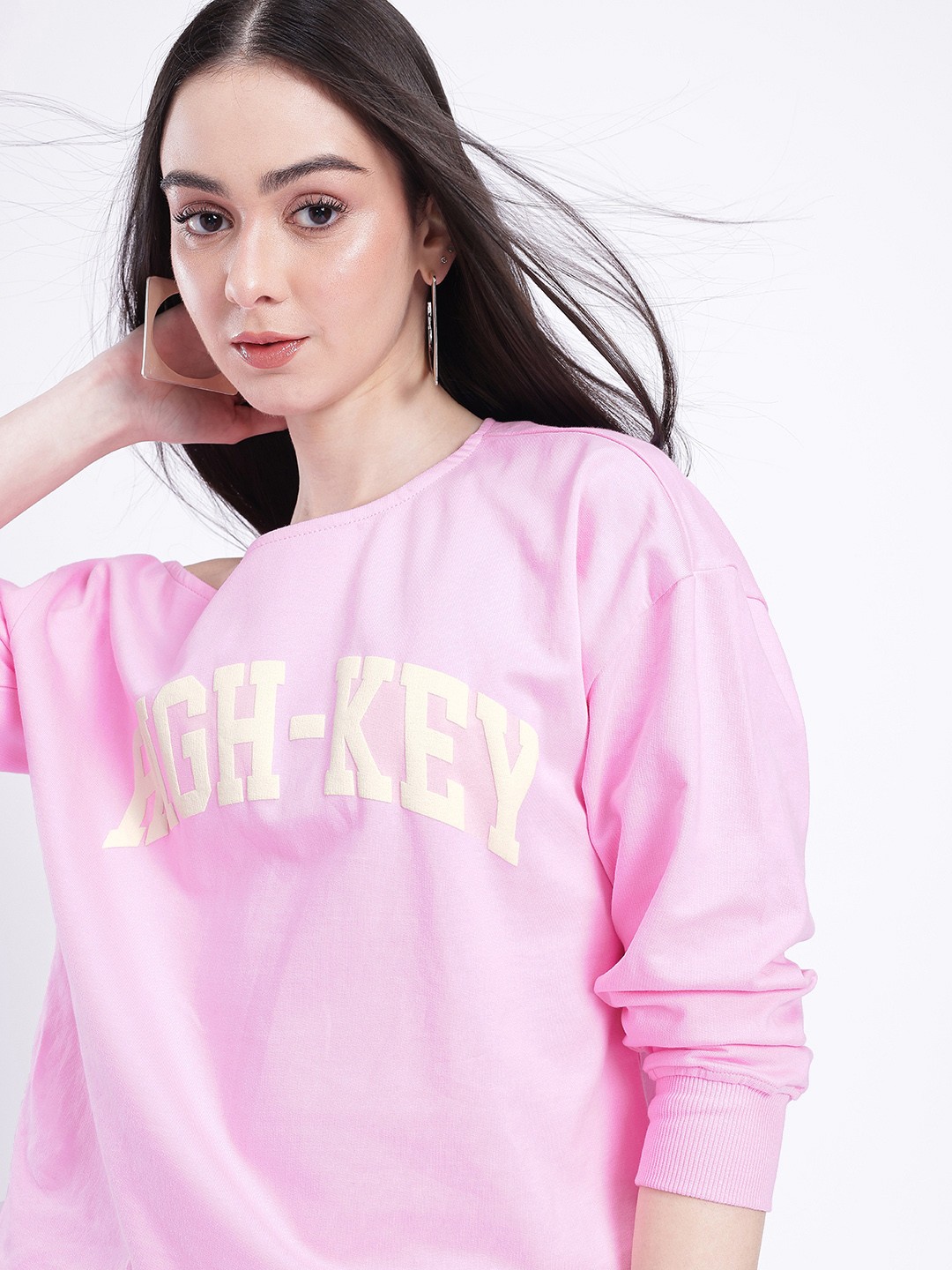 glitchez Modern Chic Typography Printed Cotton Terry Slant Shoulder Relaxed Fit Sweatshirt, Pink