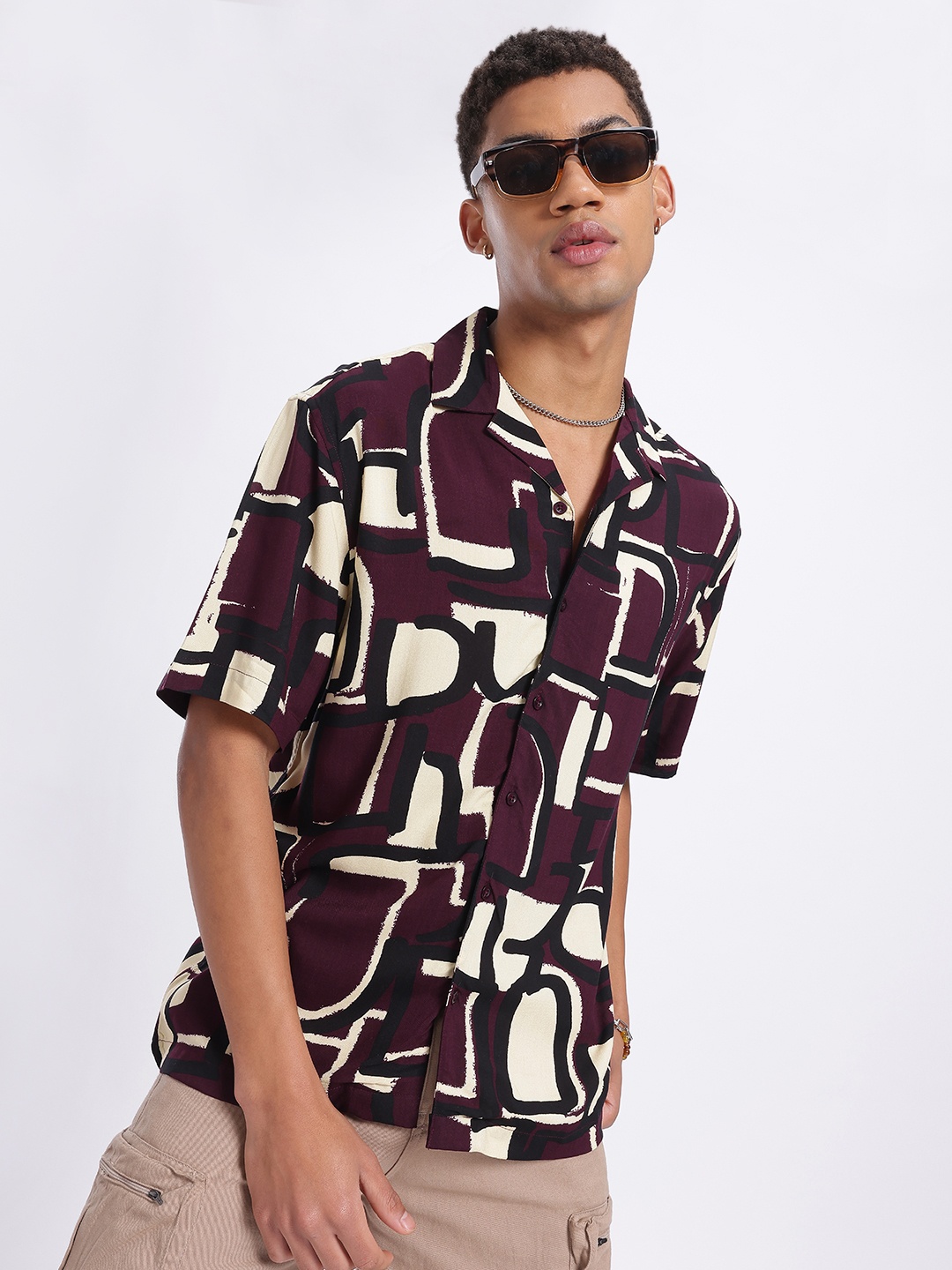 

glitchez Geometric Play Printed Relaxed Shirt, Burgundy