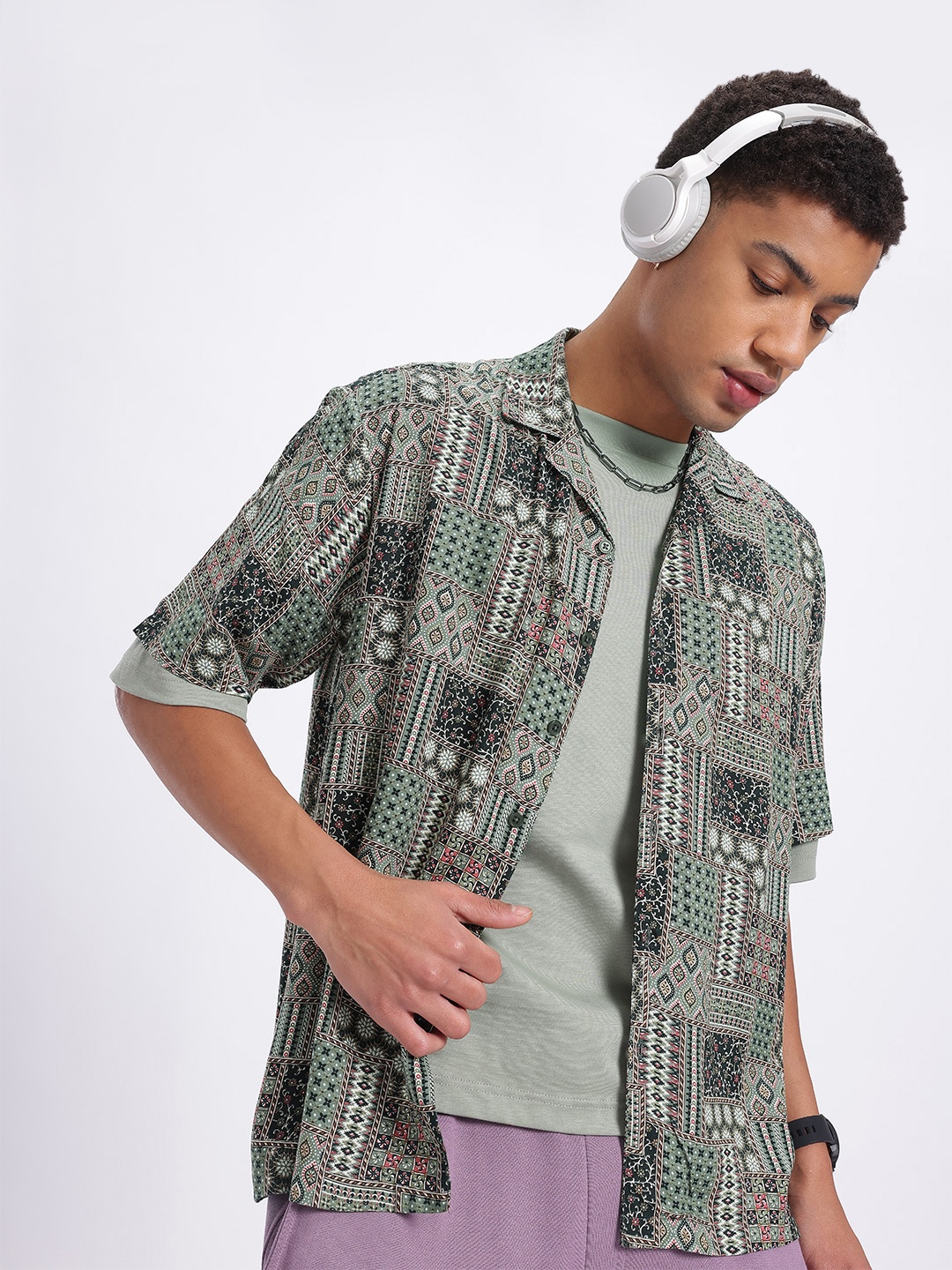 

glitchez Geometric Play Printed Relaxed Shirt, Green