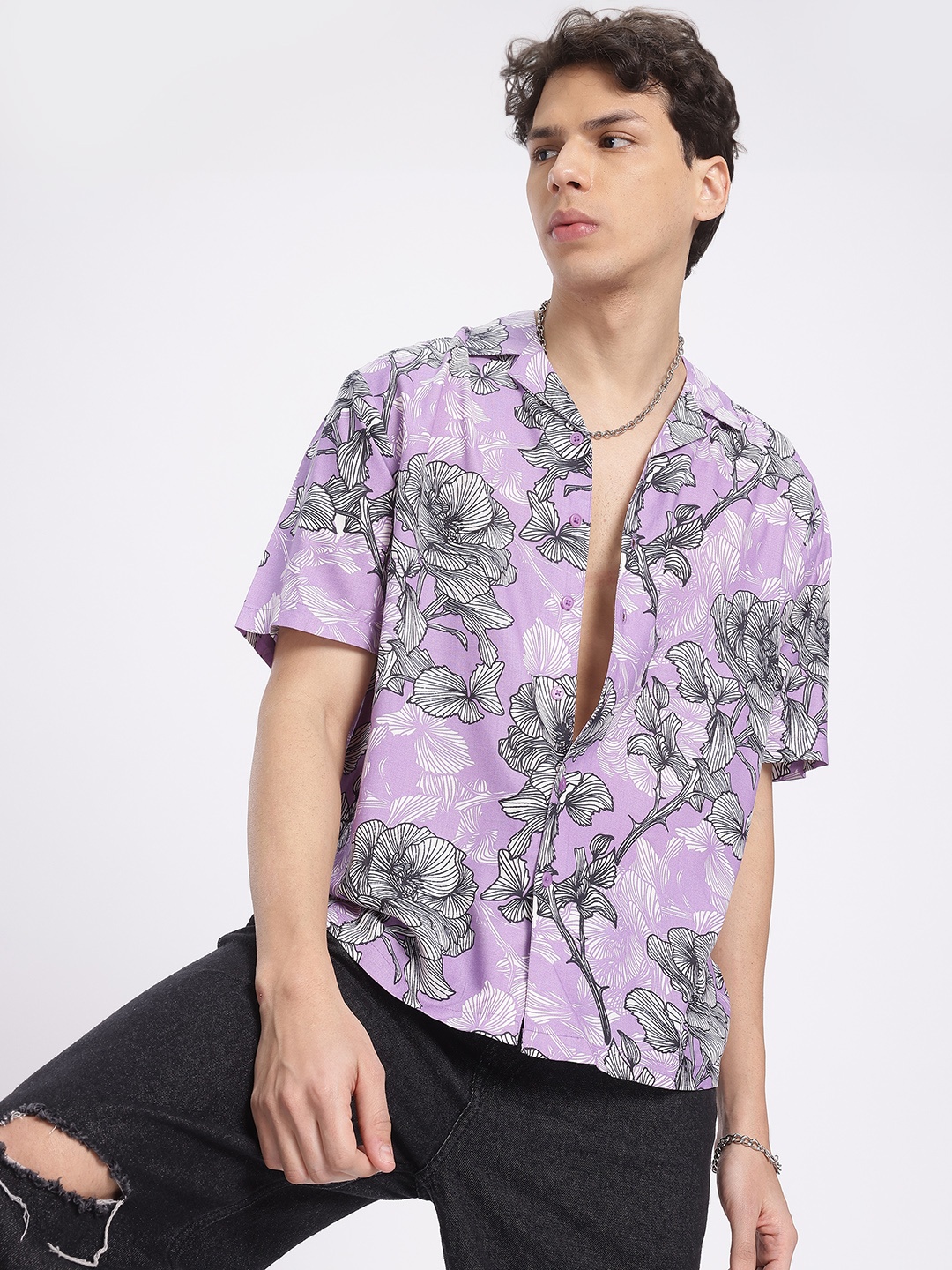 

glitchez Artfully Free-Spirited Floral Relaxed Shirt, Purple