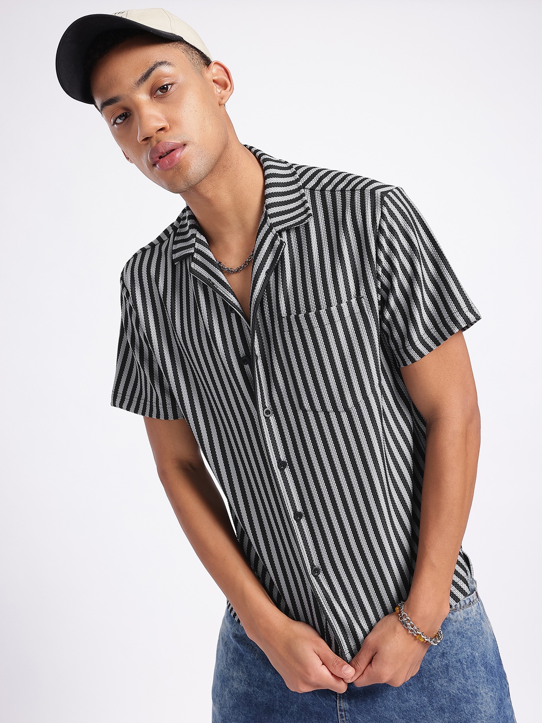 

glitchez Textured Play Striped Shirt, Black