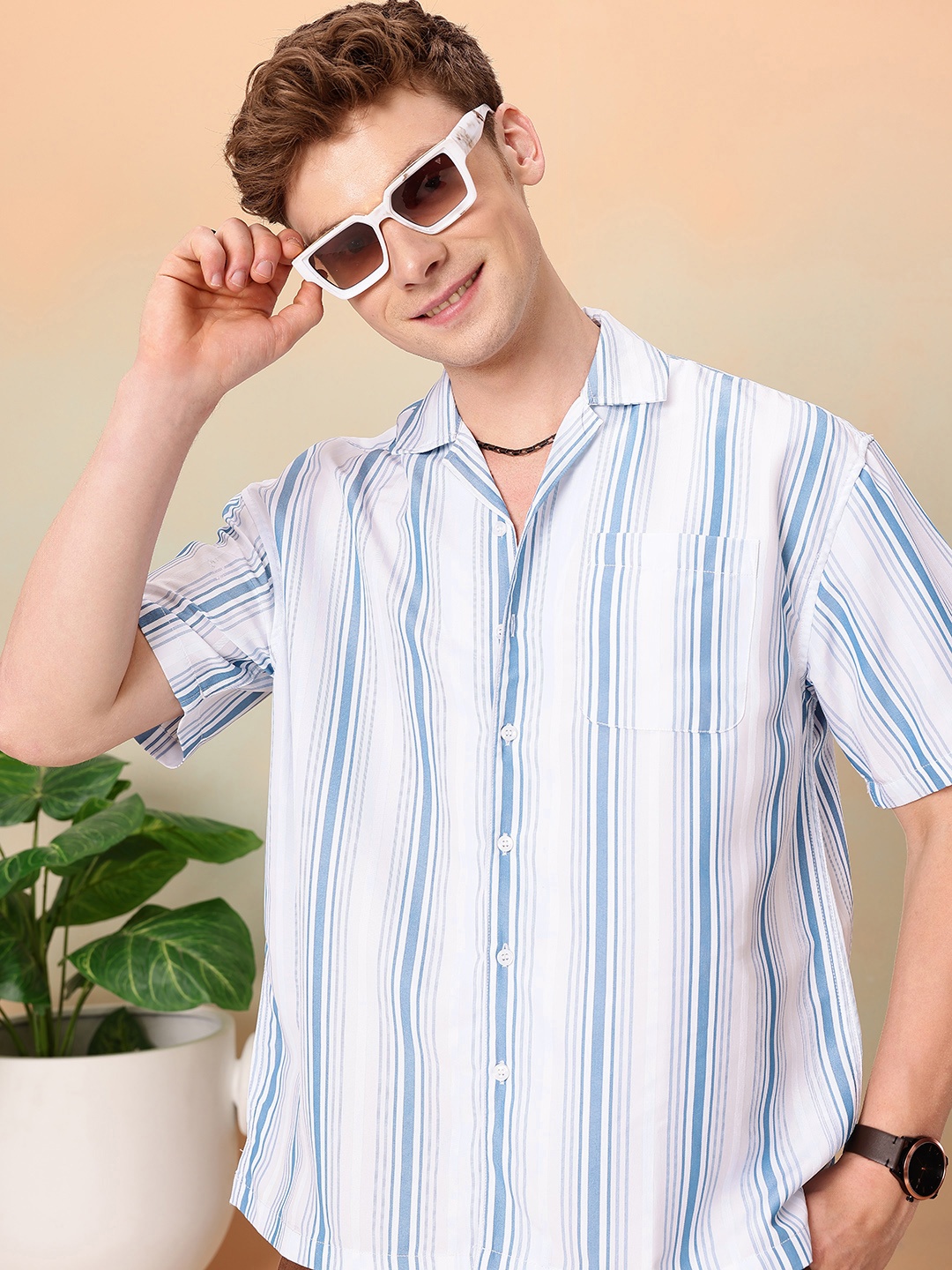 

Mast & Harbour Striped Oversized Fit Casual Shirt, White