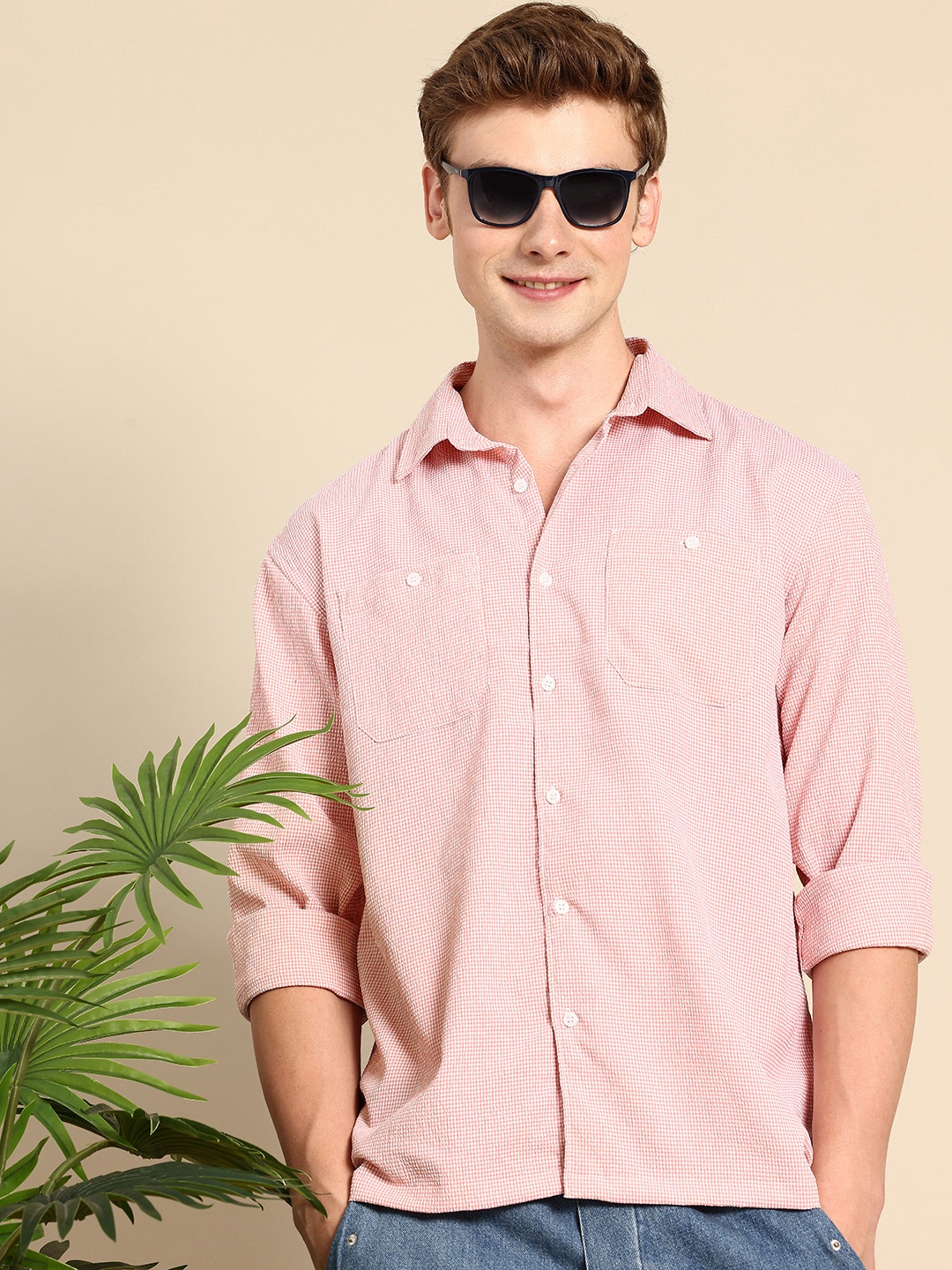 

Mast & Harbour Checked Drop-Shoulder Sleeves Relaxed Fit Seersucker Casual Shirt, Peach