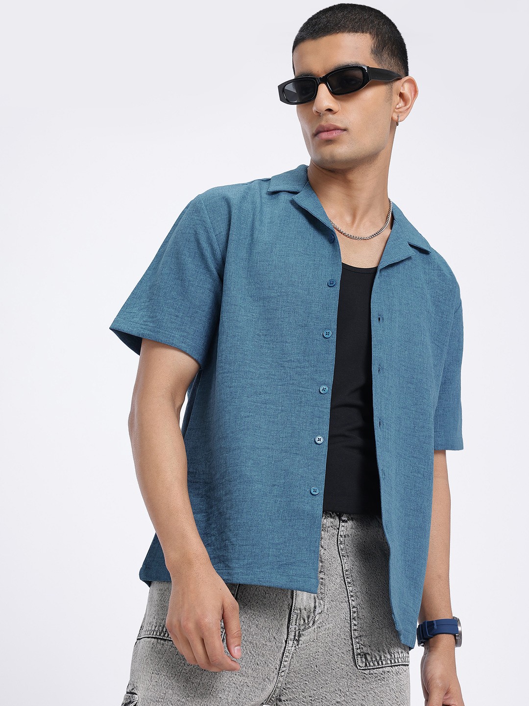 

glitchez Minimalism Luxe Camp Collar Relaxed Shirt, Blue