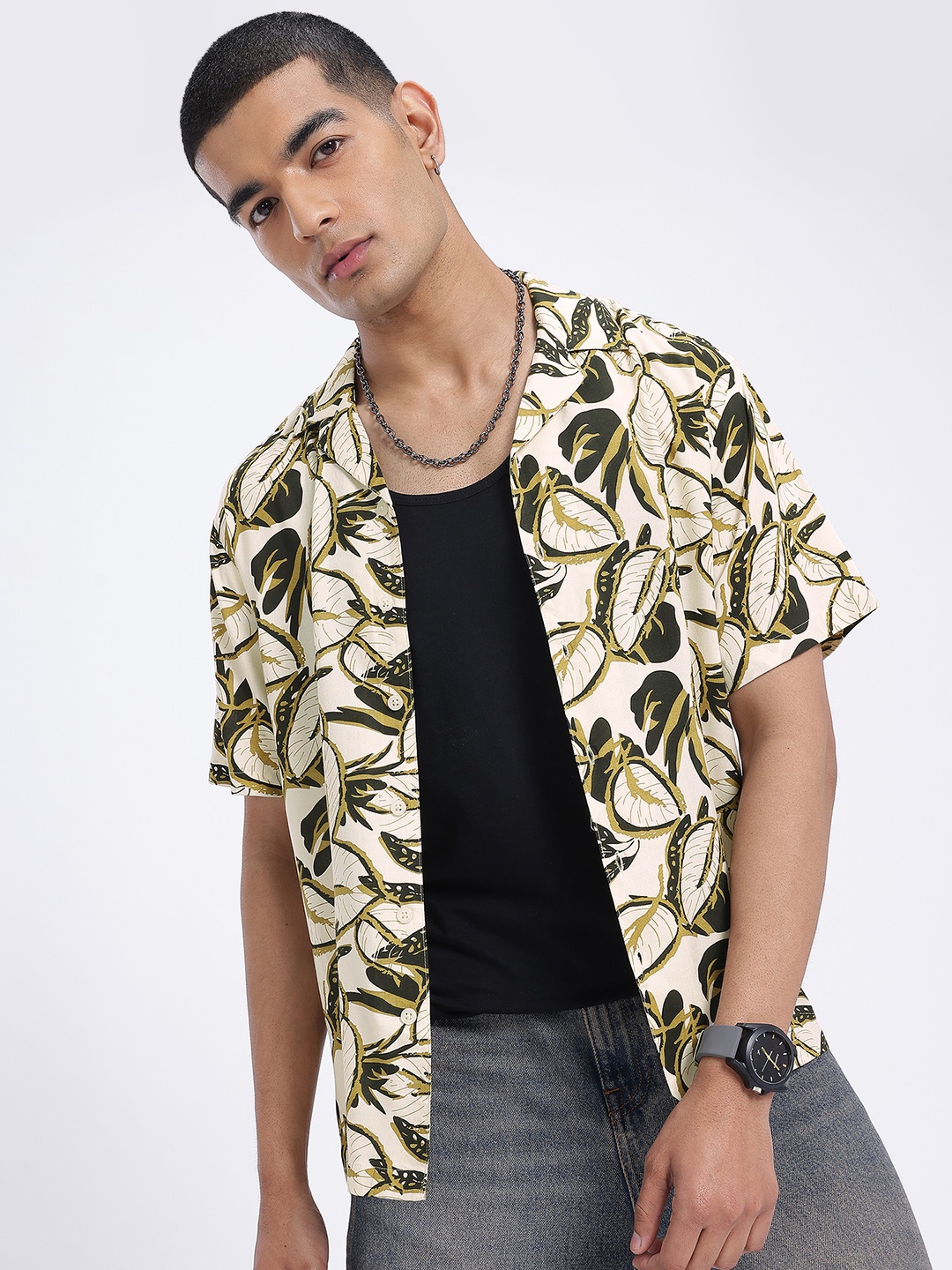 

glitchez Tropical Trove Printed Relaxed Shirt, Beige