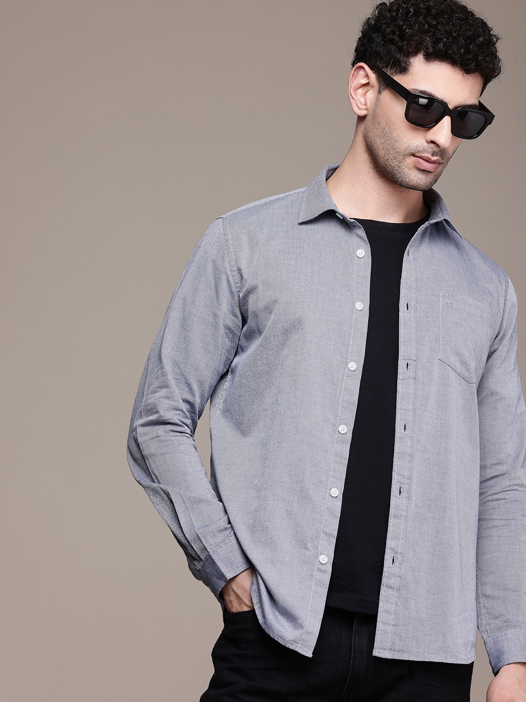 

French Connection Men Premium Slim Fit Pure Cotton Casual Shirt, Grey