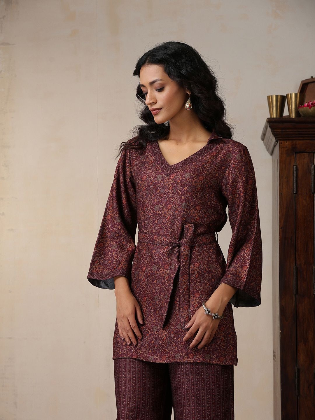 

House of Chikankari HOC Crafts Pashmina Printed Co Ords, Maroon