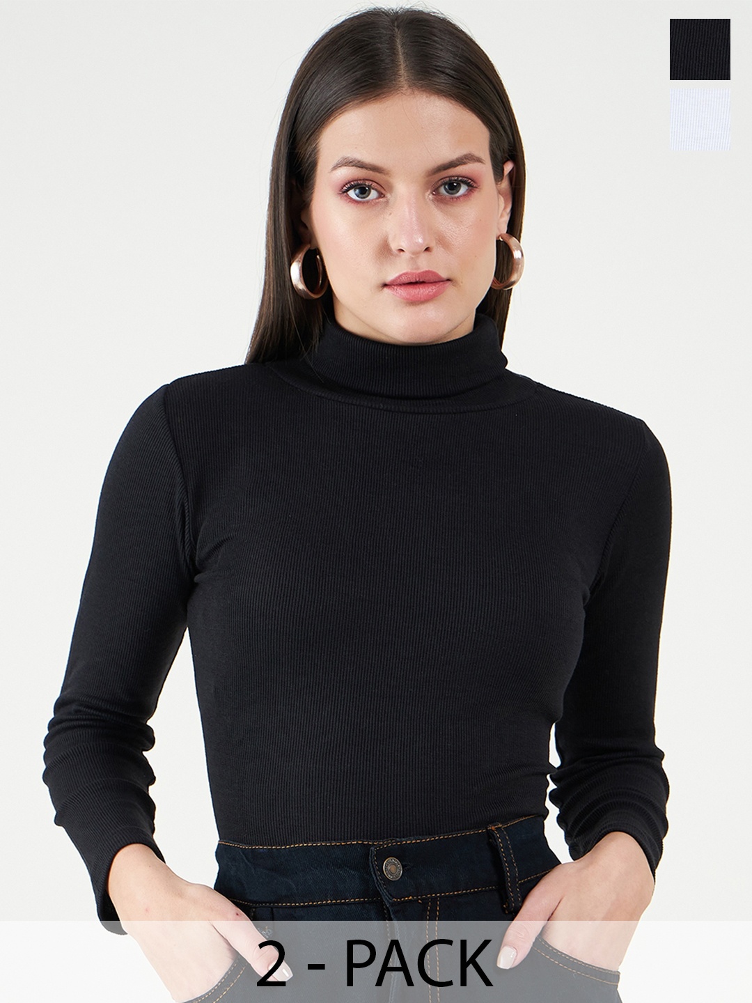 

Bitterlime Women Set of 2 High Neck Cotton Top, Black