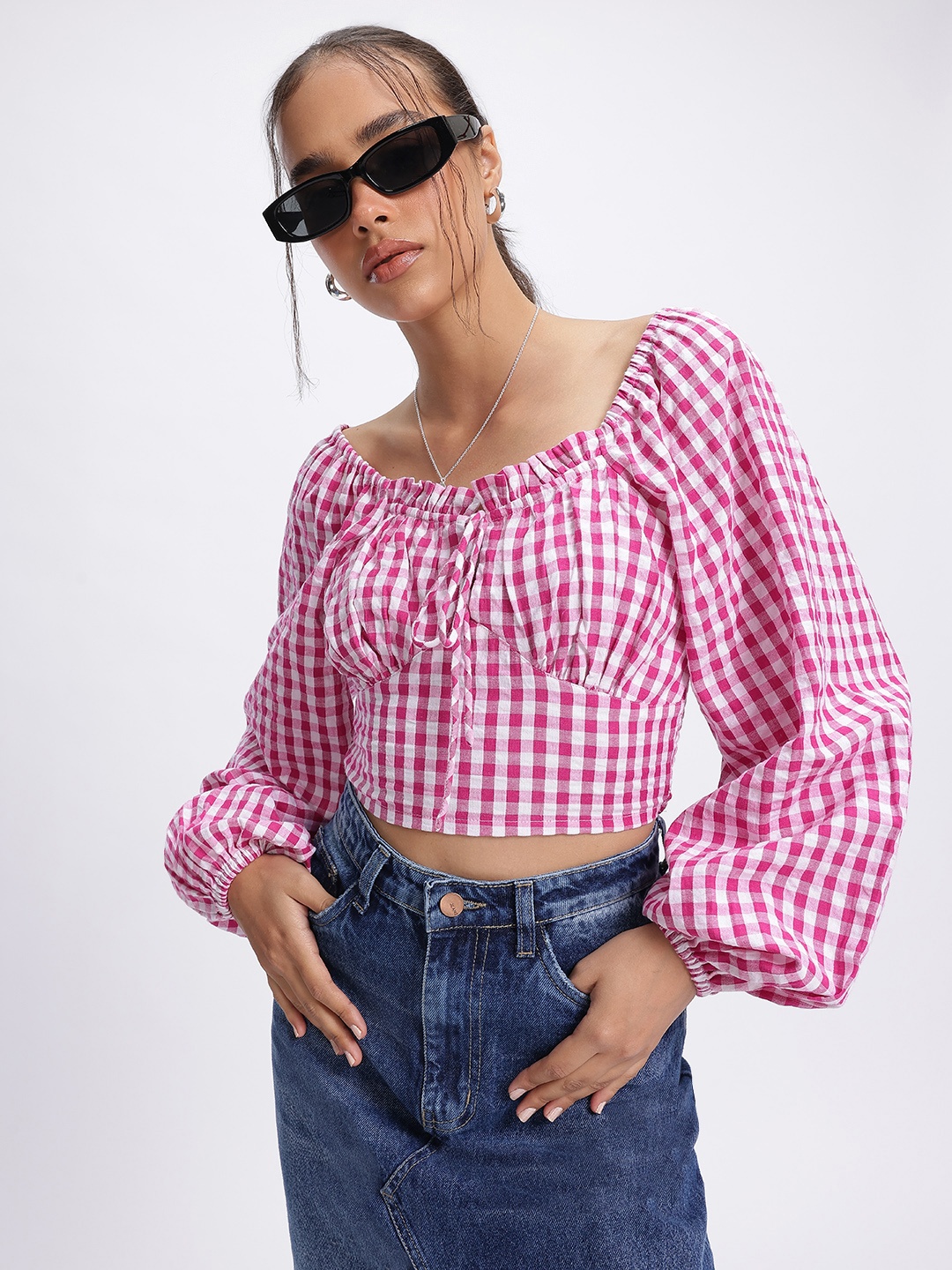 

glitchez Gingham Babe Puff Sleeve Smocked Empire Crop Top, Pink