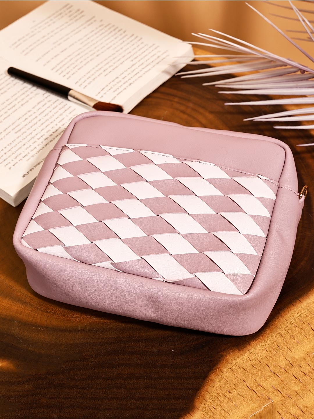 

White Lily Checked PU Structured Handheld Bag with Quilted, Purple