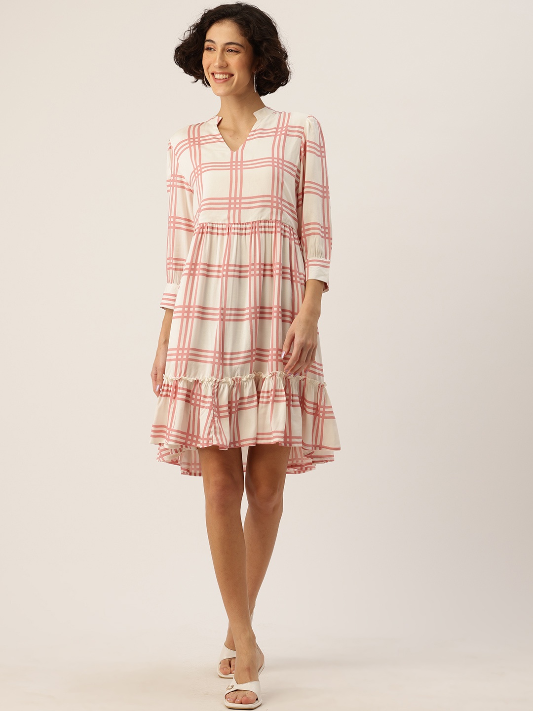 

Rue Collection Checked Mandarin Collar A-Line Dress, White