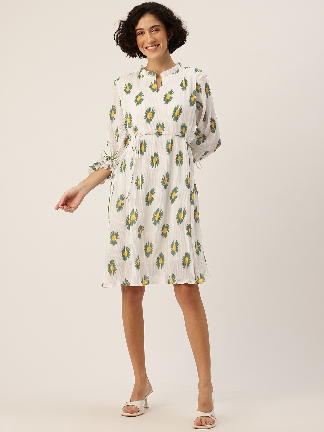 

Rue Collection Floral Print Puff Sleeves A-Line Dress with Tie-Up Detail, White