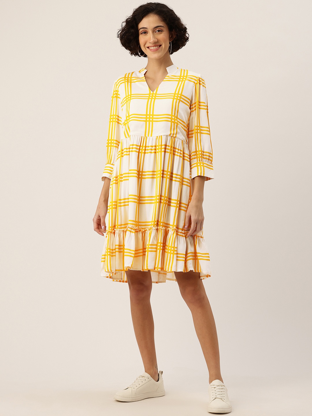 

Rue Collection Checked Puff Sleeve Fit & Flare Dress, White