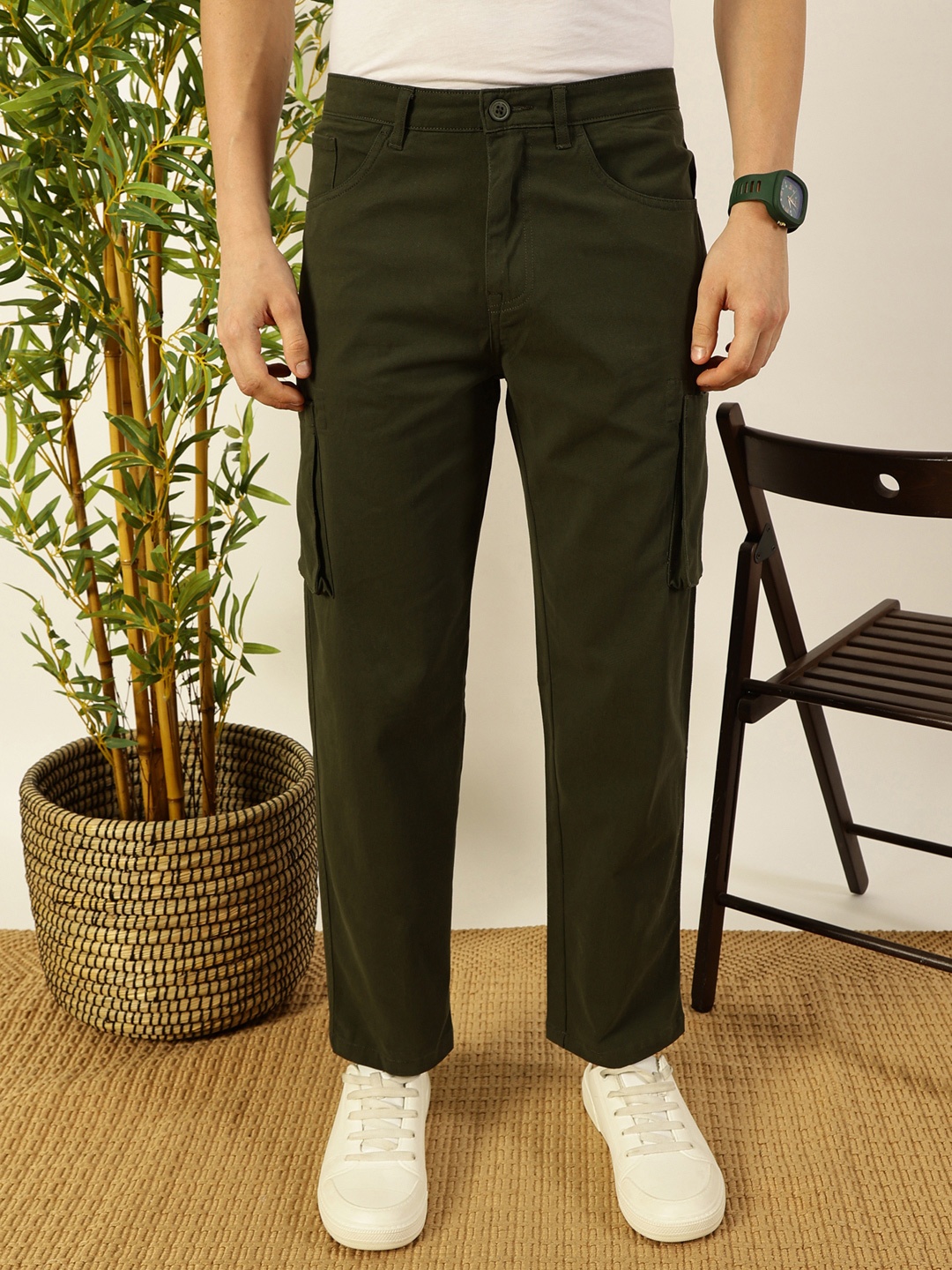 

Mast & Harbour Men Smart Cargos Mid-Rise Trousers, Olive