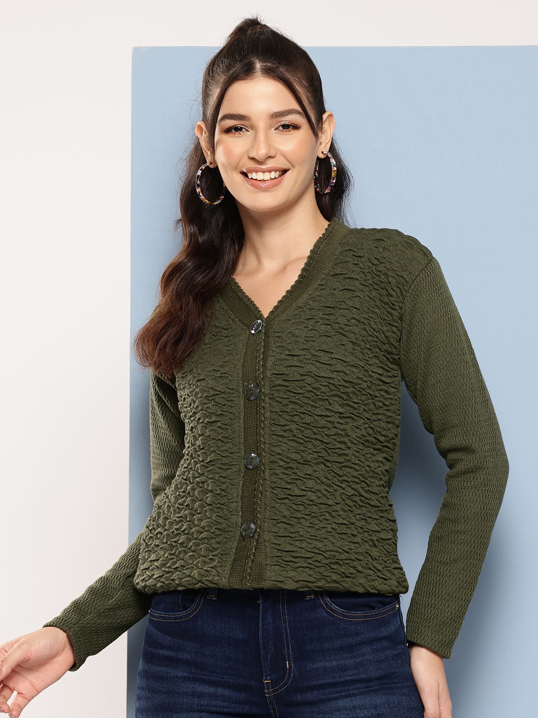 

Aarika Textured Woollen Cardigan, Green