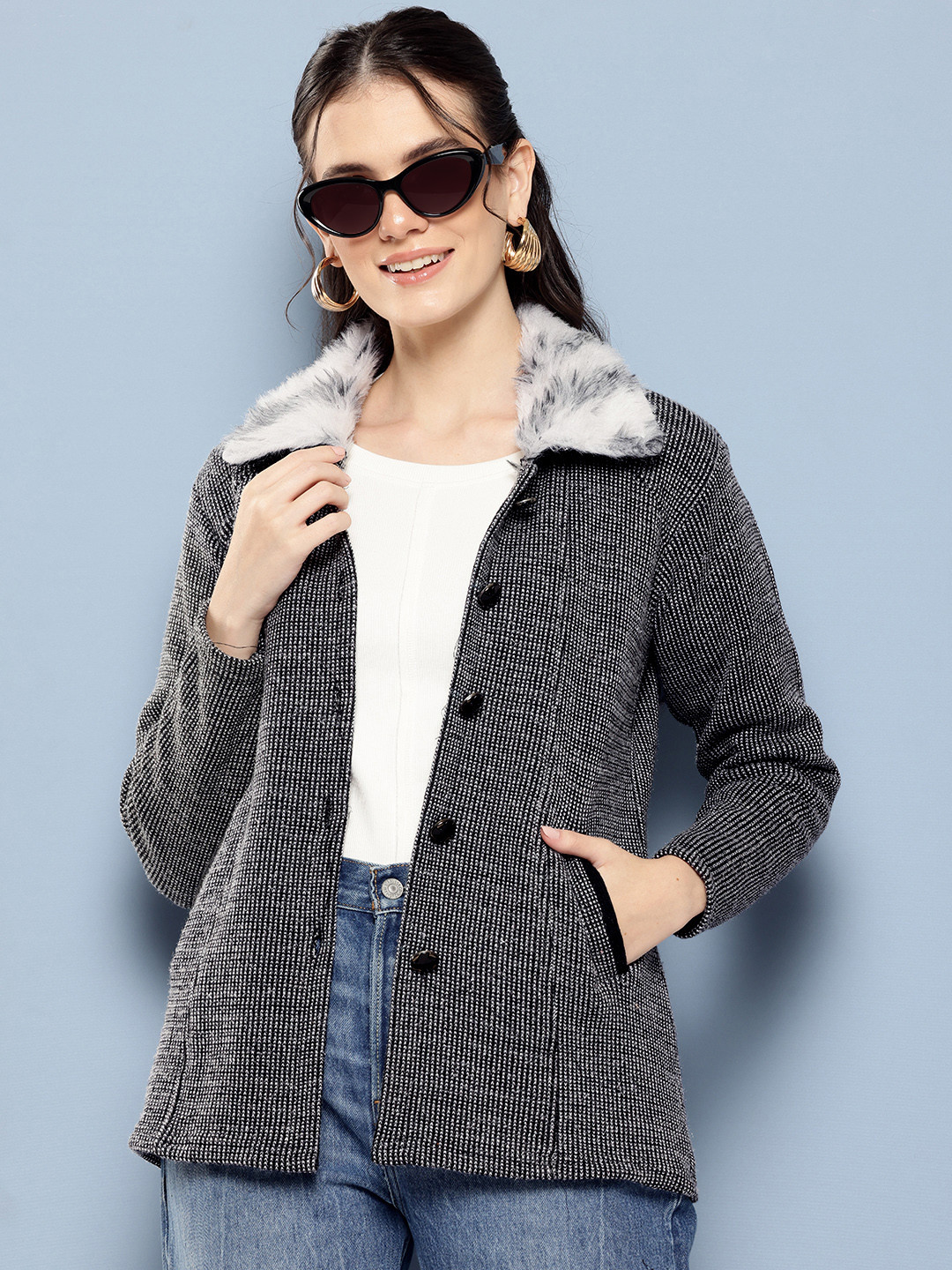 

Aarika Striped Woollen Cardigan with Faux Fur Detail, Black