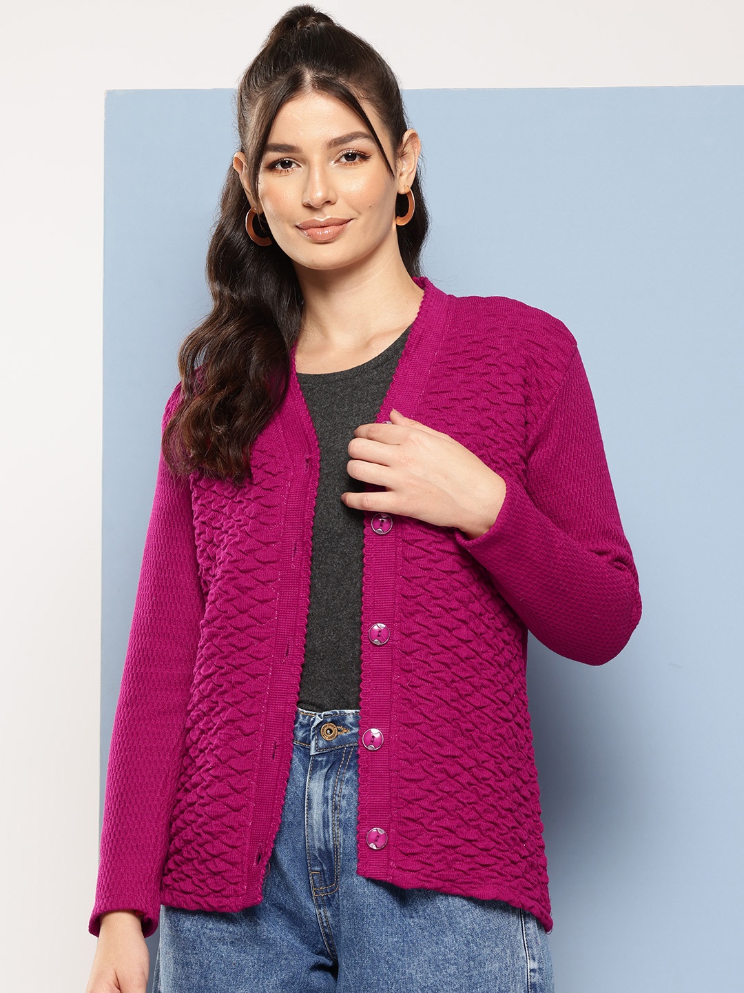 

Aarika Textured Woollen Cardigan, Purple