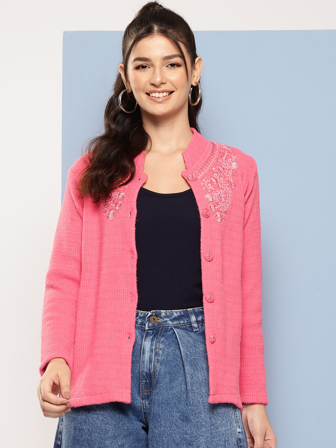 

Aarika Ribbed Woollen Cardigan with Floral Embroidered Detail, Pink