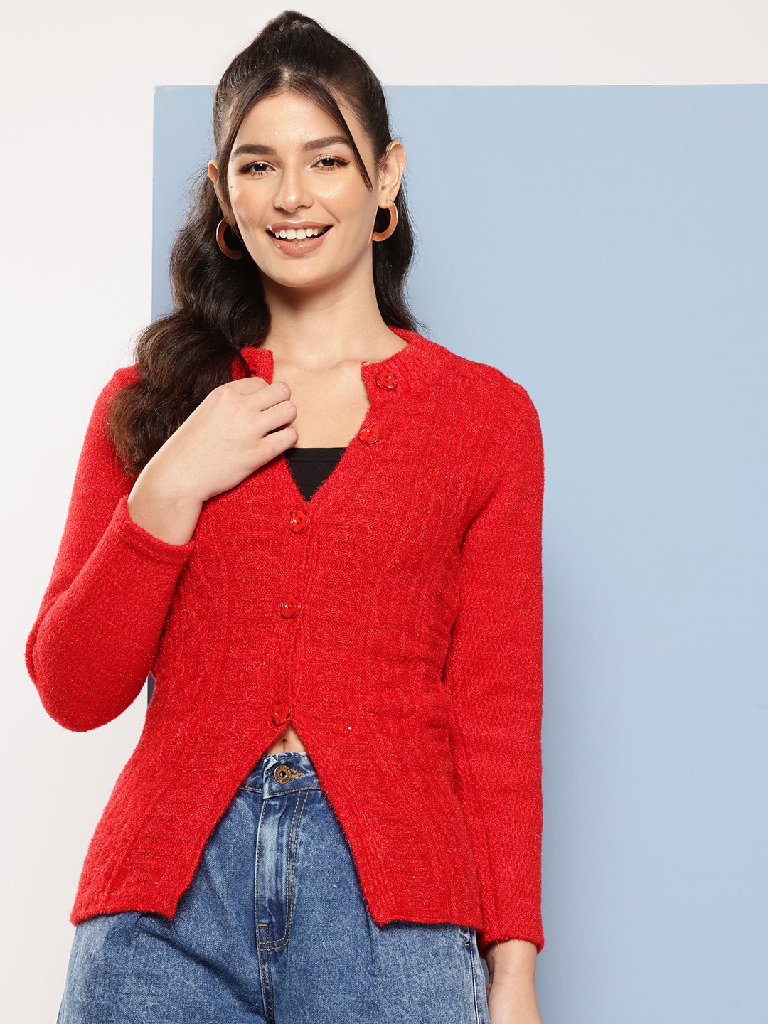 

Aarika Textured Woollen Cardigan, Red
