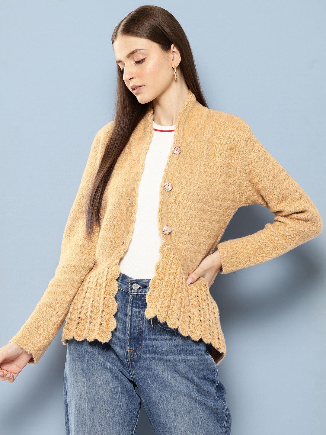 

Aarika Textured Drop Shoulder Sleeve Woollen Cardigan with Scalloped Hem, Khaki