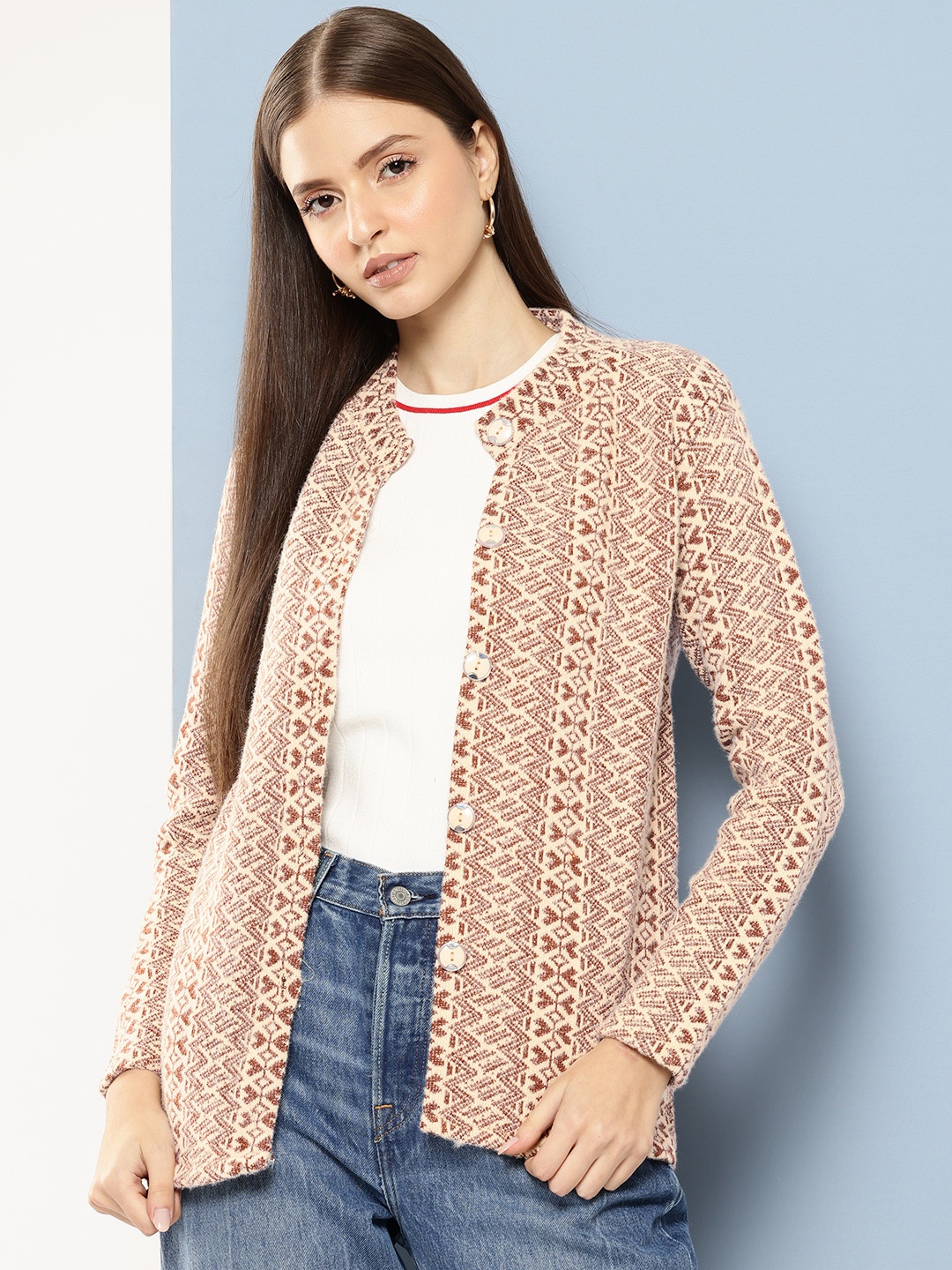 

Aarika Geometric Printed Woollen Cardigan, Beige