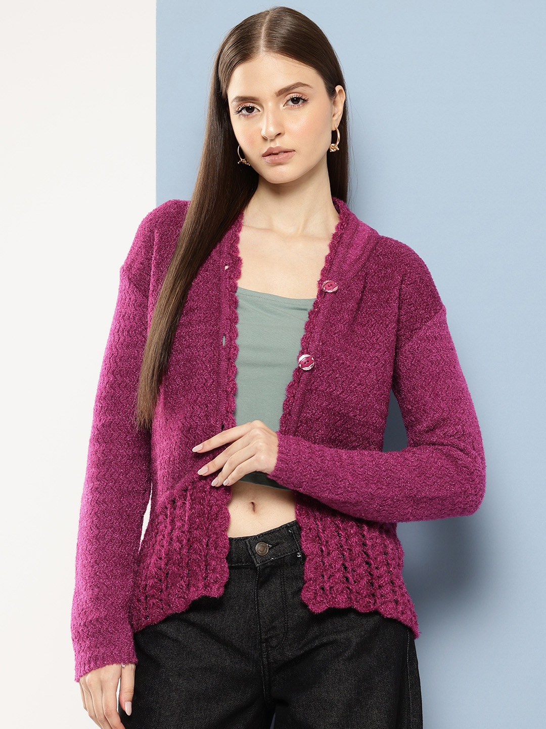 

Aarika Textured Drop Shoulder Sleeves Woollen Cardigan with Scalloped Hem, Purple