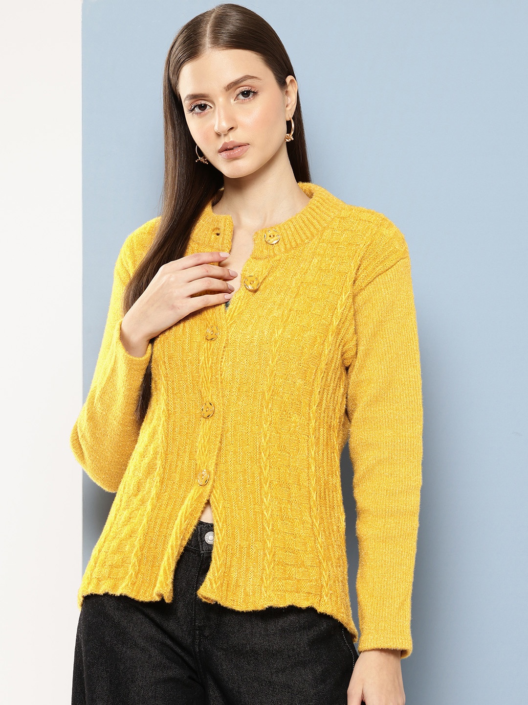 

Aarika Geometric Textured Woollen Cardigan, Mustard